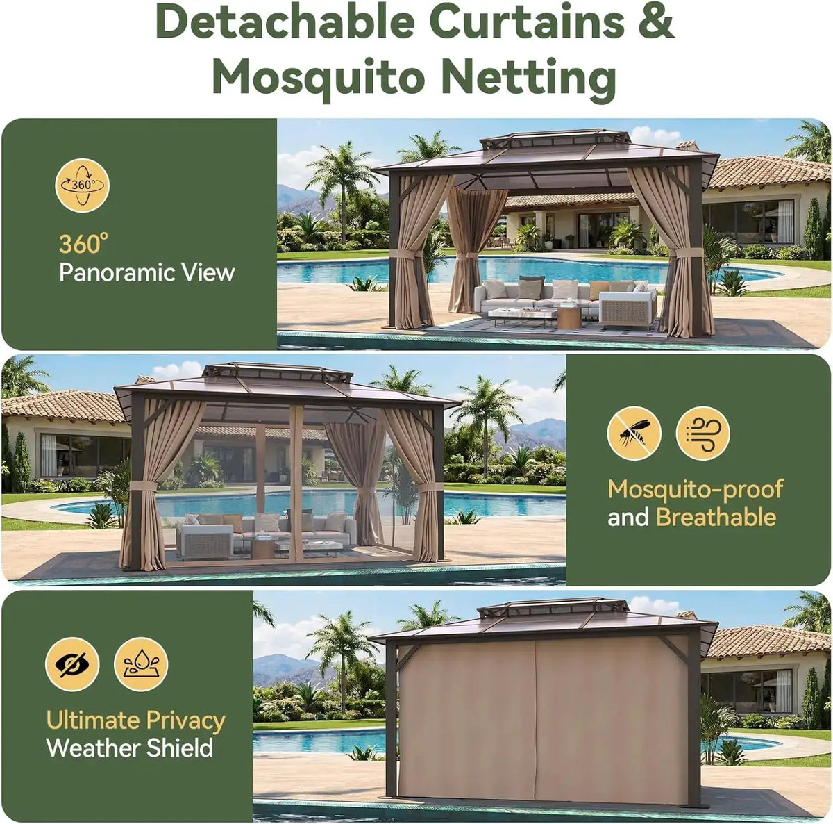 Nordivale 12x16FT Hardtop Gazebo with Double Polycarbonate Roof Khaki Metal Outdoor Gazebo with Mosquito Netting&Privacy Curtains for Garden Patio Backyard