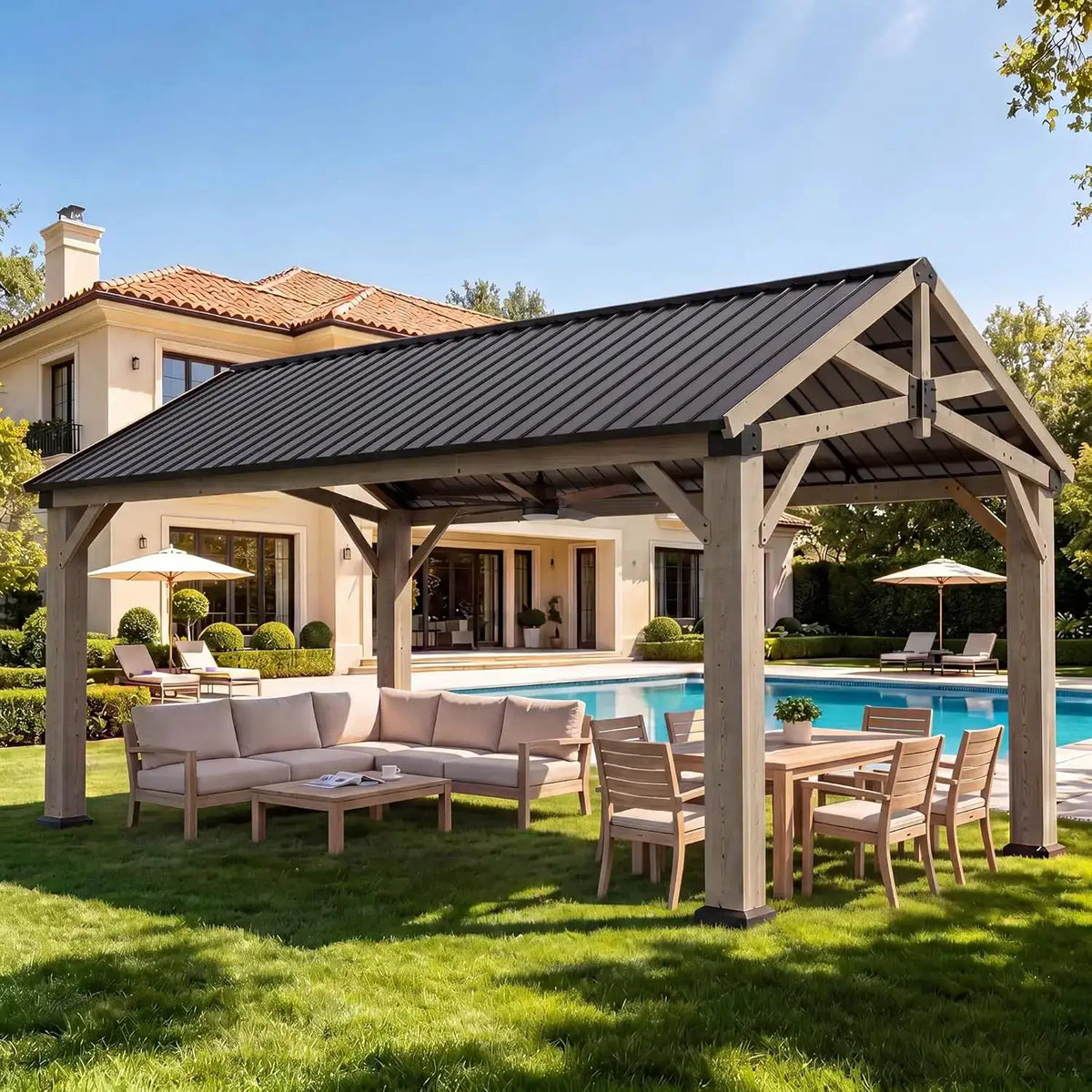 Aoxun 30.48x40.64cm Cedar Wood Pavilion Galvanized Steel Hardtop Gable Permanent Outdoor Structure For Garden Backyard Deck Lawn