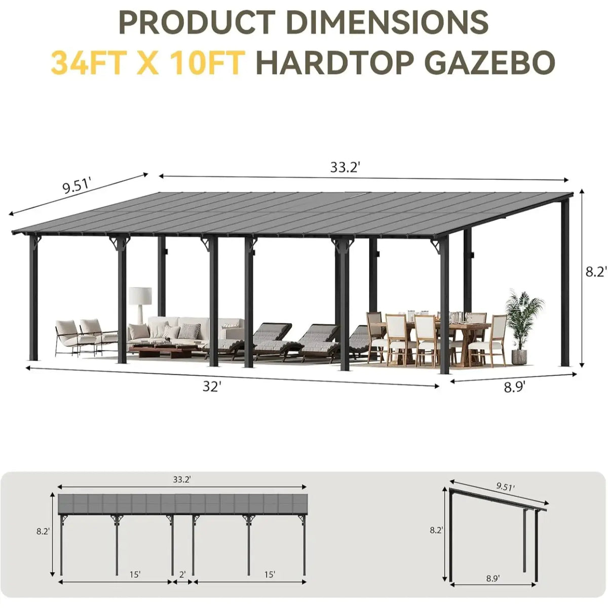 Aoxun Heavy Duty Aluminum 34x10Ft Wall Mounted Gazebo Sloped Roof Lean To Pergola Awning for Patio Backyard
