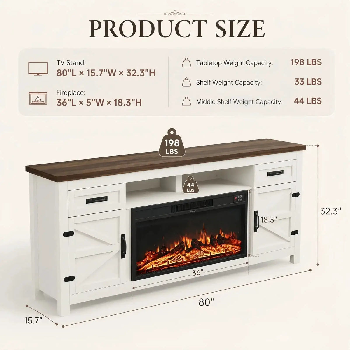 Aoxun 80 Inch Farmhouse TV Stand with Electric Fireplace and Barn Doors Media Entertainment Center with Storage Cabinets for Living Room Fits TVs up to 90 Inches White Stand with Black Fireplace