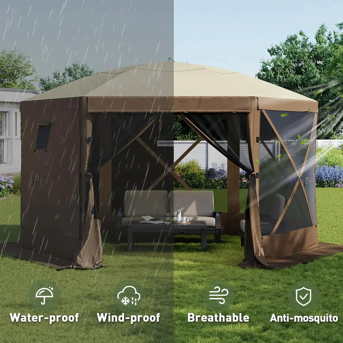 Aoxun 12x12ft Pop Up Canopy Tent 6 Sided Screen Tent With Mesh Windows And Carrying Bag Large Sunshade For Camping Backyard Courtyard Lawn Brown
