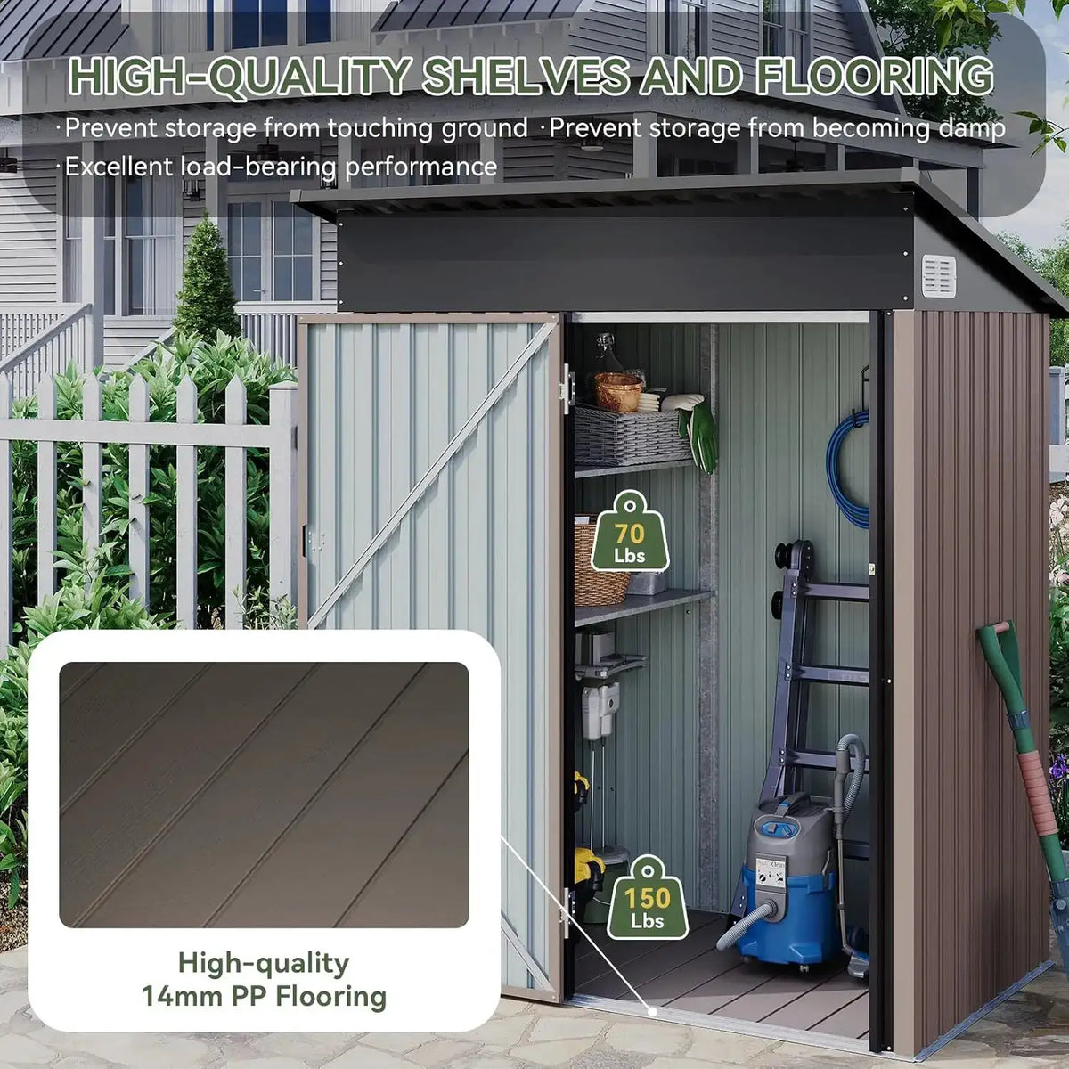 Aoxun 5x3ft Outdoor Storage Cabinet With Shelves Lockable Metal Garden Shed Waterproof Brown For Backyard Terrace Poolside