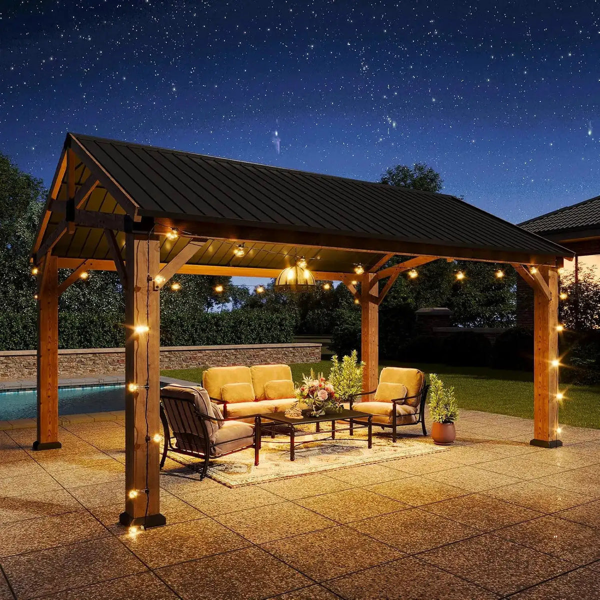 Aoxun 30.48x40.64cm Cedar Wood Pavilion Galvanized Steel Hardtop Gable Permanent Outdoor Structure For Garden Backyard Deck Lawn