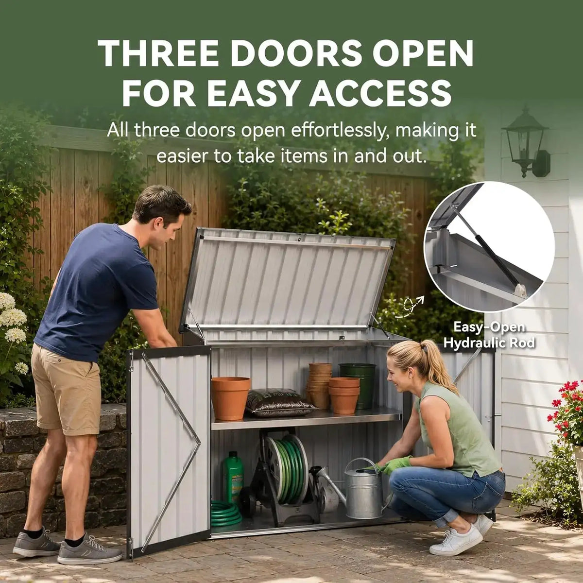 Nordivale 4x2FT Outdoor Storage Cabinet 20 Cu Ft Metal Storage Shed All Weather Tool Storage Box Hydraulic Lid Lockable Doors Patio Garden Garage Black