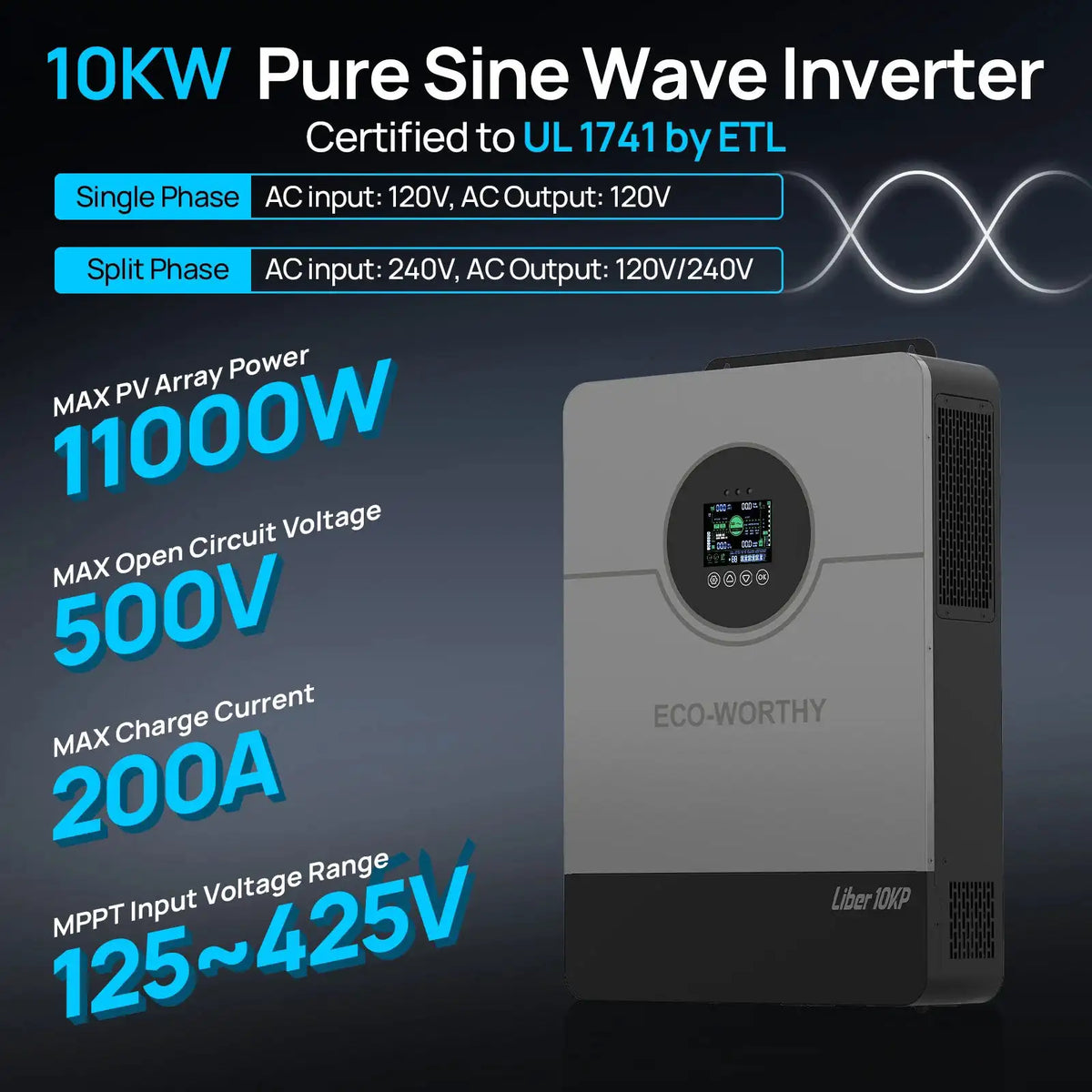 ECO-WORTHY 10KW 48V Off-grid Inverter 120V/220V Split Phase 200A Charger UL1741 forHome Backup, Emergency Power