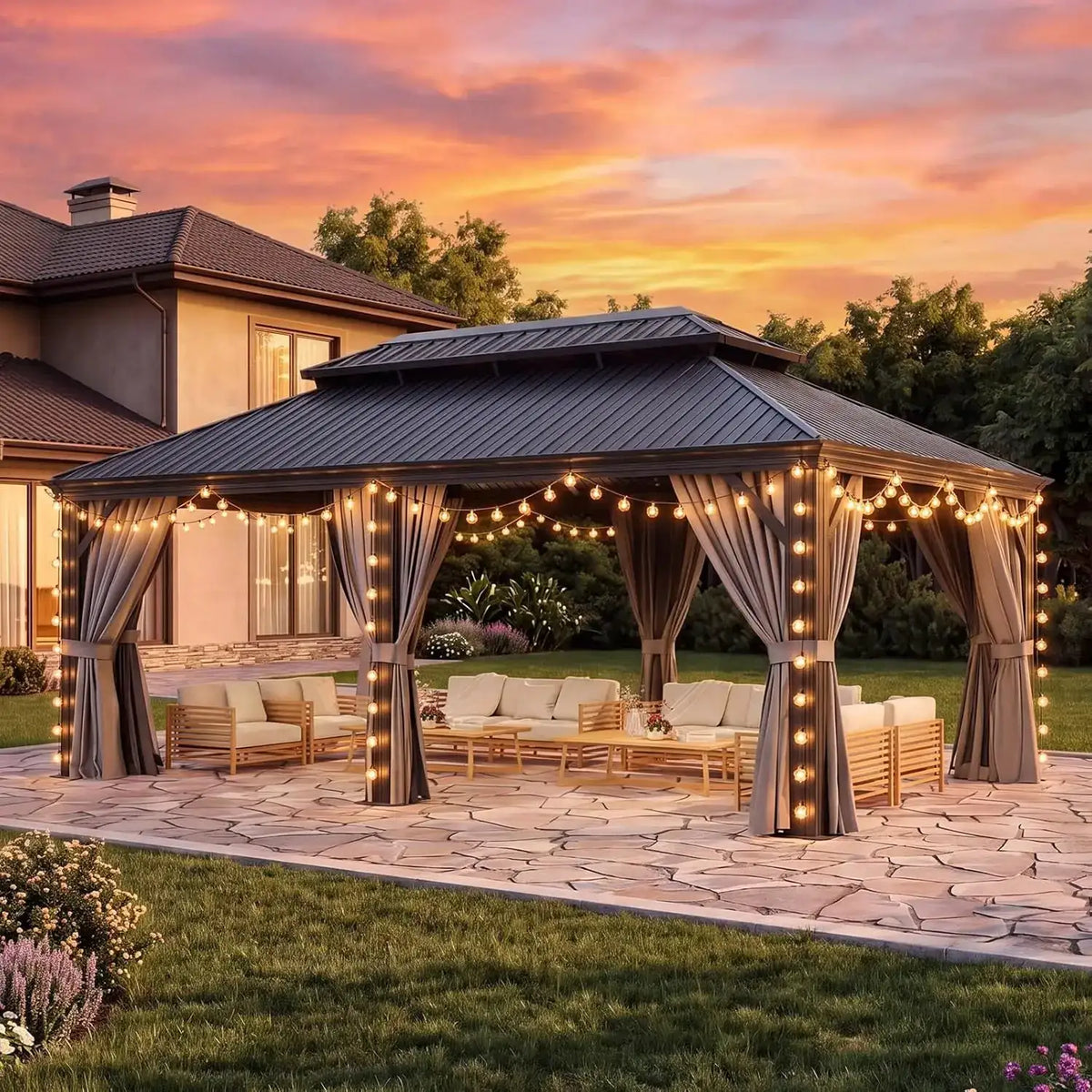 Aoxun 12x20ft Hardtop Pavilion Aluminum Outdoor Pavilion With Drainage System Permanent Metal Pavilion With Privacy Curtains And Nets For Poolside And Backyard Use