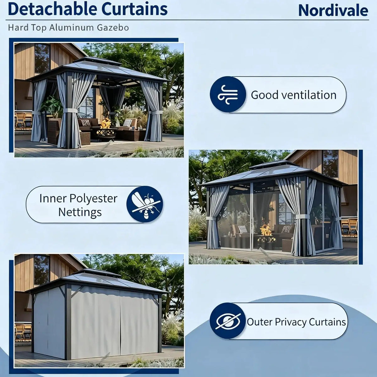 Nordivale 10x12FT Hardtop Gazebo Permanent Aluminum Frame Pavilion with Curtains and Netting Polycarbonate Double Roof Outdoor Canopy for Patio Garden Lawn