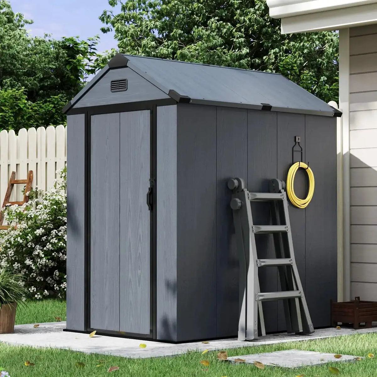 4x6ft All Weather Resin Storage Shed Dark Gray Weatherproof Resin Shed With Reinforced Floor Lockable Door And Vent Stores Bikes And Garden Yard Supplies