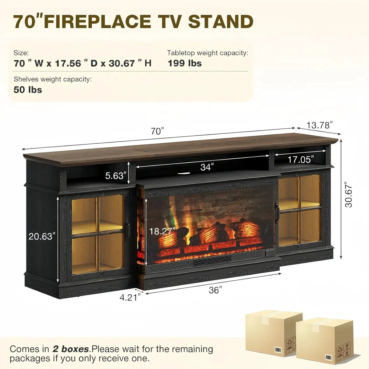 Aoxun 70 Inch Farmhouse TV Stand with Electric Fireplace Media Entertainment Center with LED Lights and Glass Door for Living Room Fits TVs up to 80 Inches Black