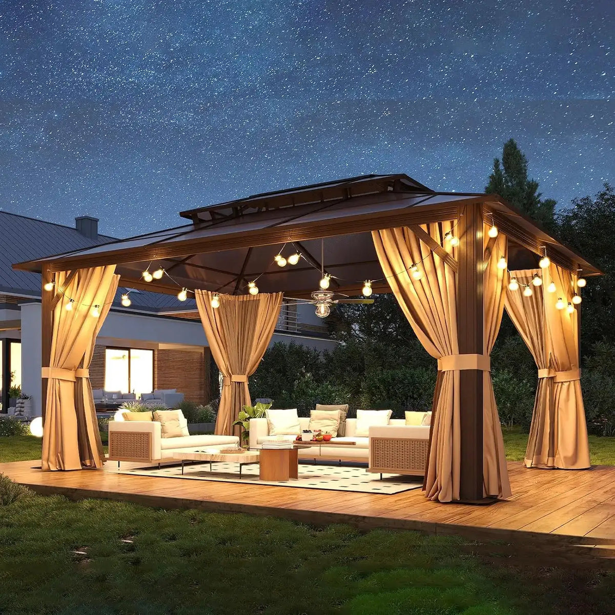 Nordivale 12x16FT Hardtop Gazebo with Double Polycarbonate Roof Khaki Metal Outdoor Gazebo with Mosquito Netting&Privacy Curtains for Garden Patio Backyard