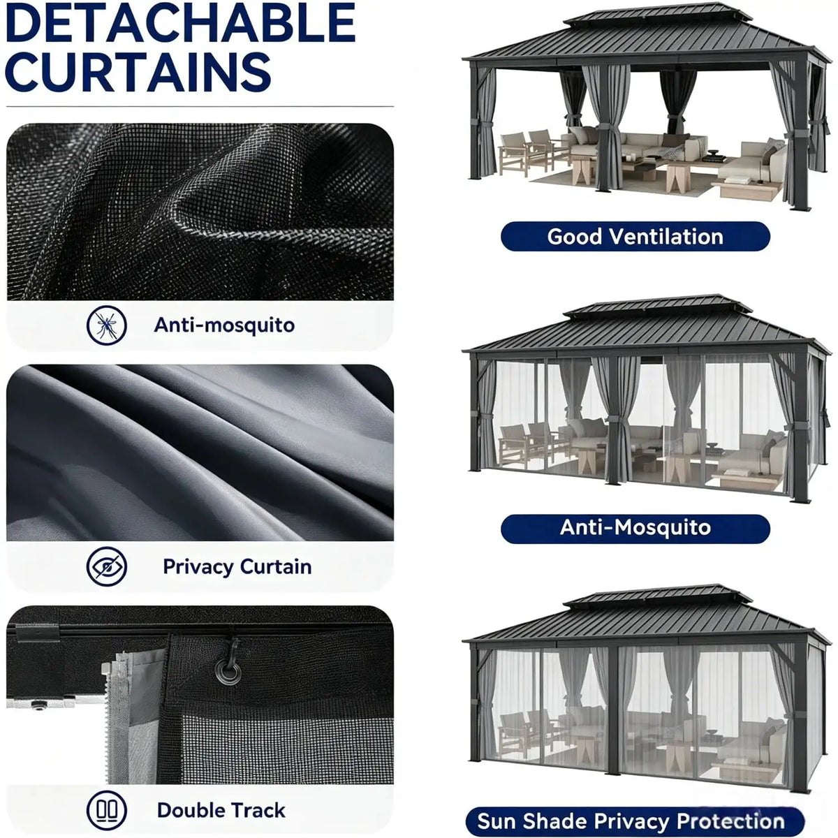 12x10ft 20x12ft Hardtop Gazebo Double Roof Metal Pergola Canopy Shelter with Mosquito Netting Curtains Patio Awning for Backyard Deck