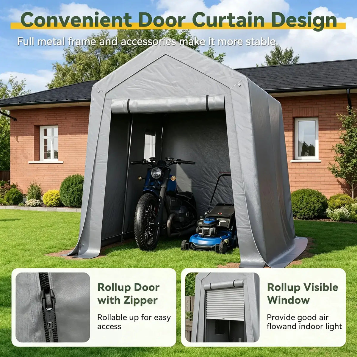 6x8x7 FT Outdoor Portable Storage Shed Tent Waterproof Carport for Motorcycle Bike Generator Roll Up Zipper Door Window Galvanized Steel Gray