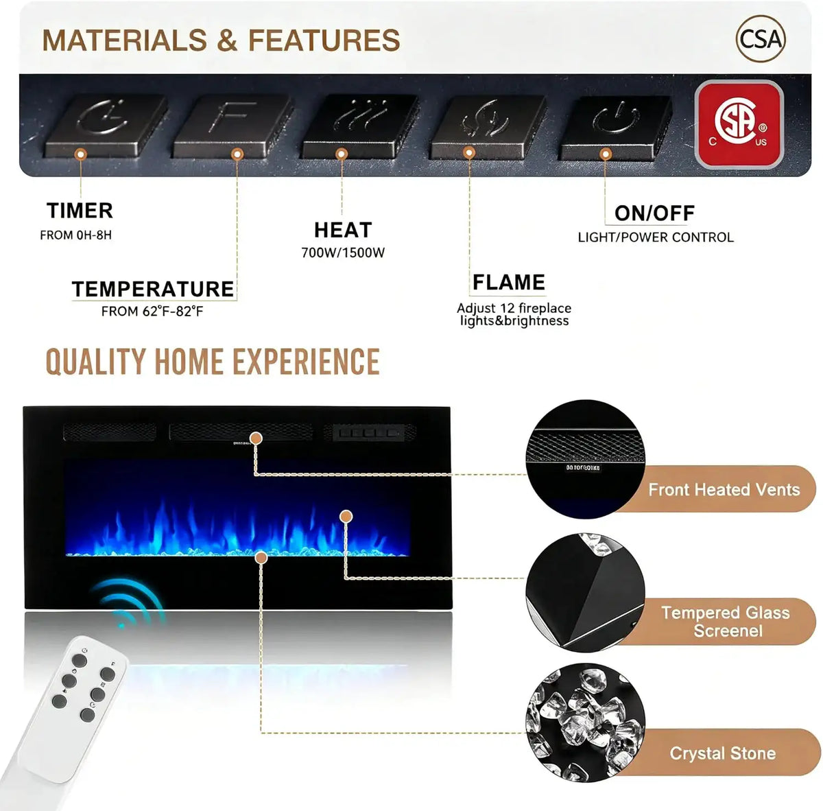 Electric Fireplace 36 Inch Wall Mounted Recessed, 12 Color LED Flame Heater with Remote Control Timer, 750/1500W Touch Screen Crystal Stone