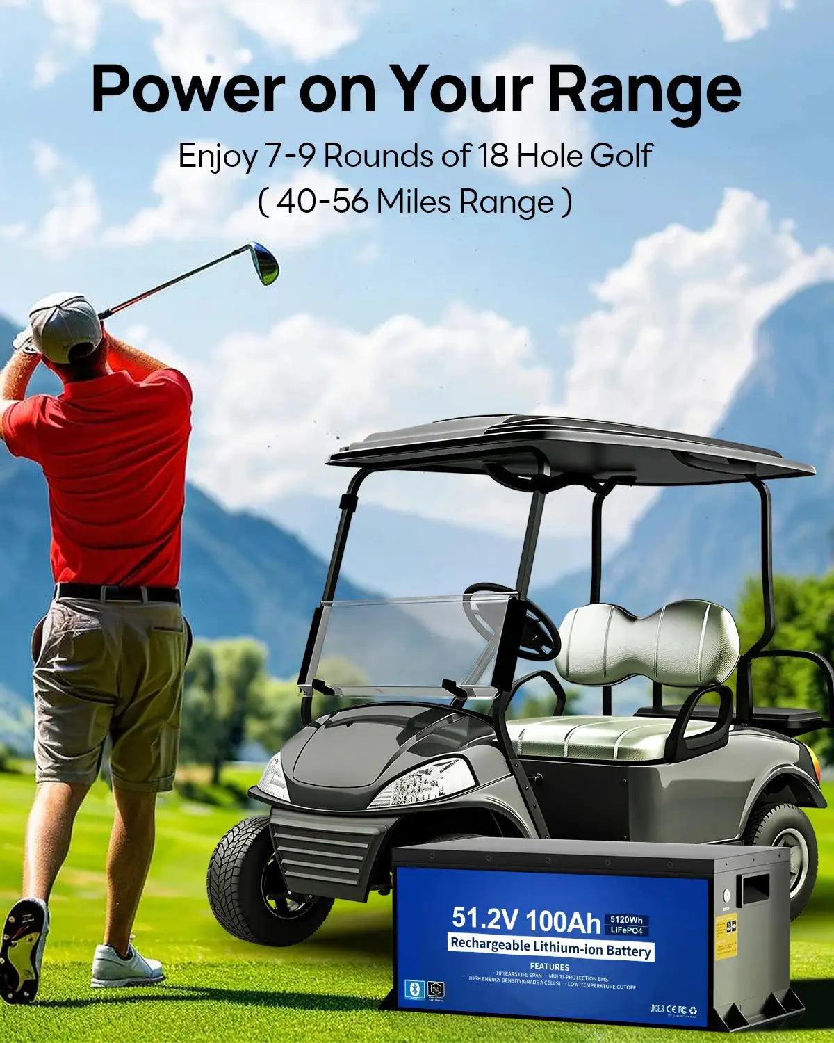 48V 100Ah Metal Case Lithium Golf Cart Battery, 200A BMS LiFePO4 Battery Bluetooth Mobile APP & LCD Monitor, Peak Current 670A
