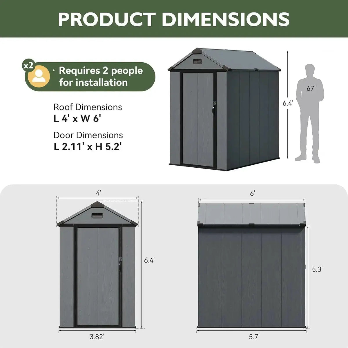 4x6ft All Weather Resin Storage Shed Dark Gray Weatherproof Resin Shed With Reinforced Floor Lockable Door And Vent Stores Bikes And Garden Yard Supplies