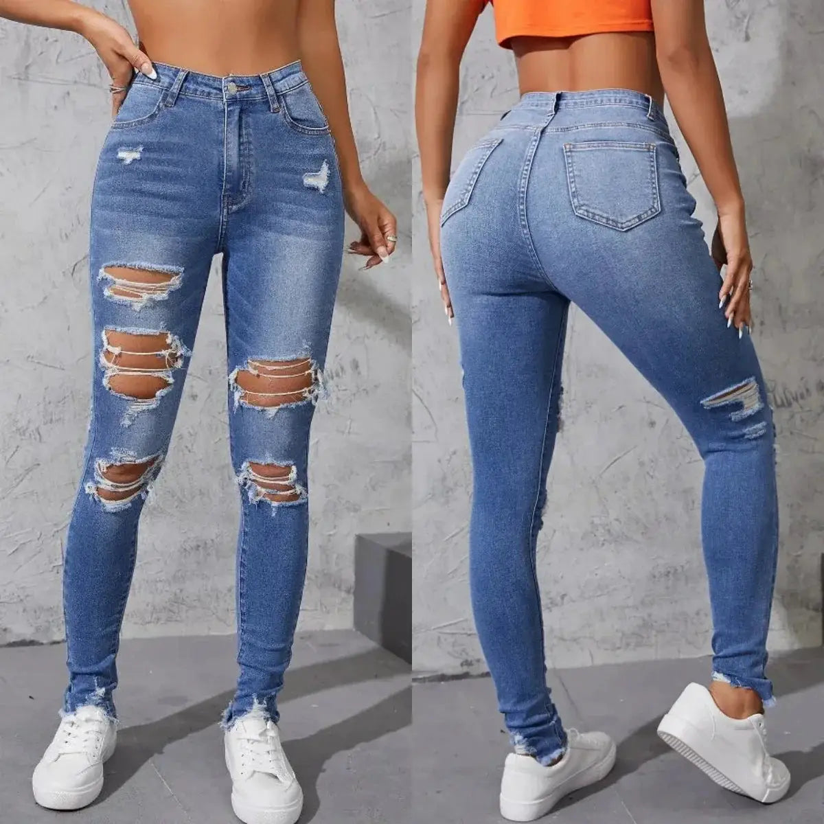 Women's Ripped Skinny Jeans High Stretch Denim Slim Fit