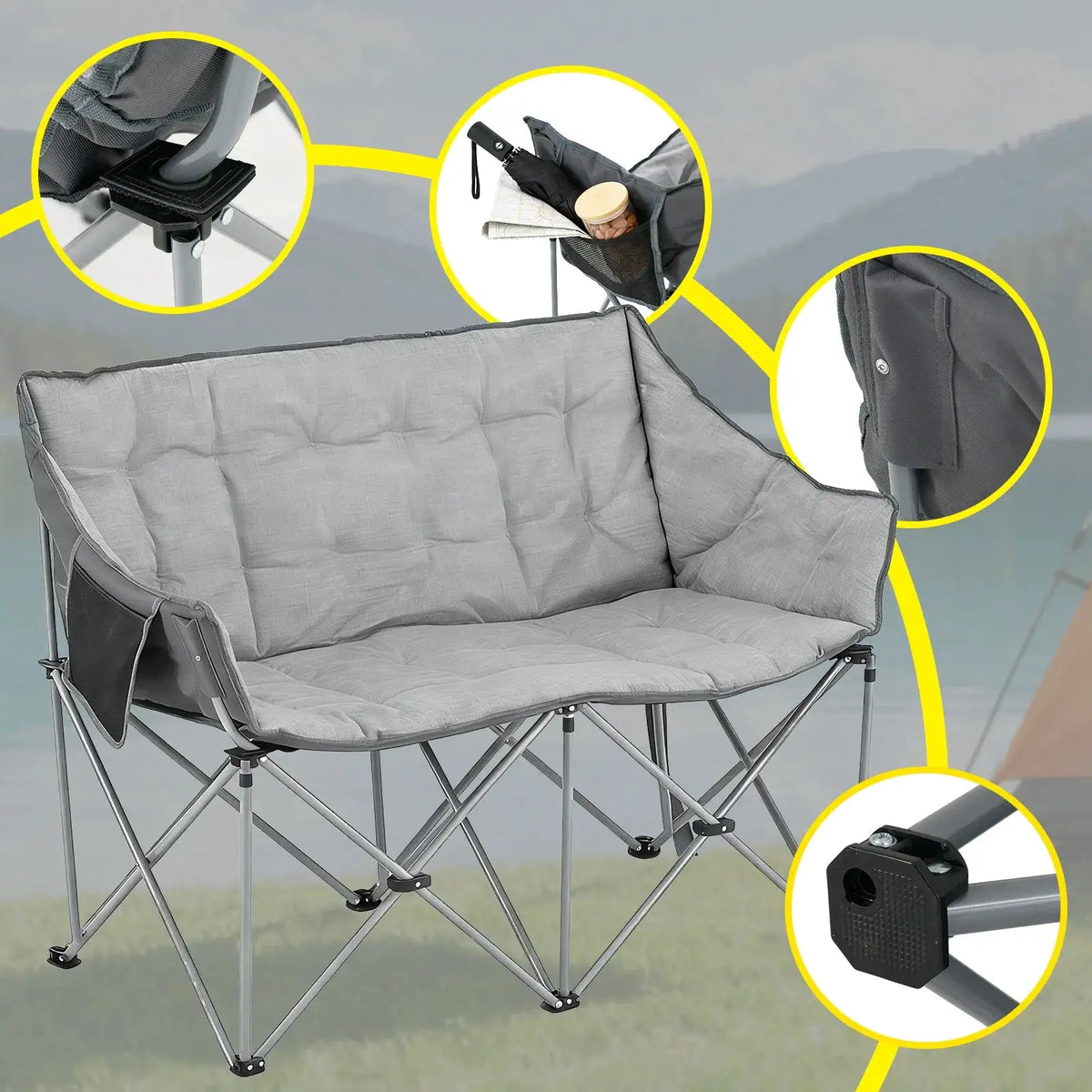 AOXUN Outdoor Double Folding Chair 220kg Heavy Duty Portable Camping Chair with Side Storage & 4cm Padded Seat, Quick Setup Beach Picnic Chair with Carry Bag