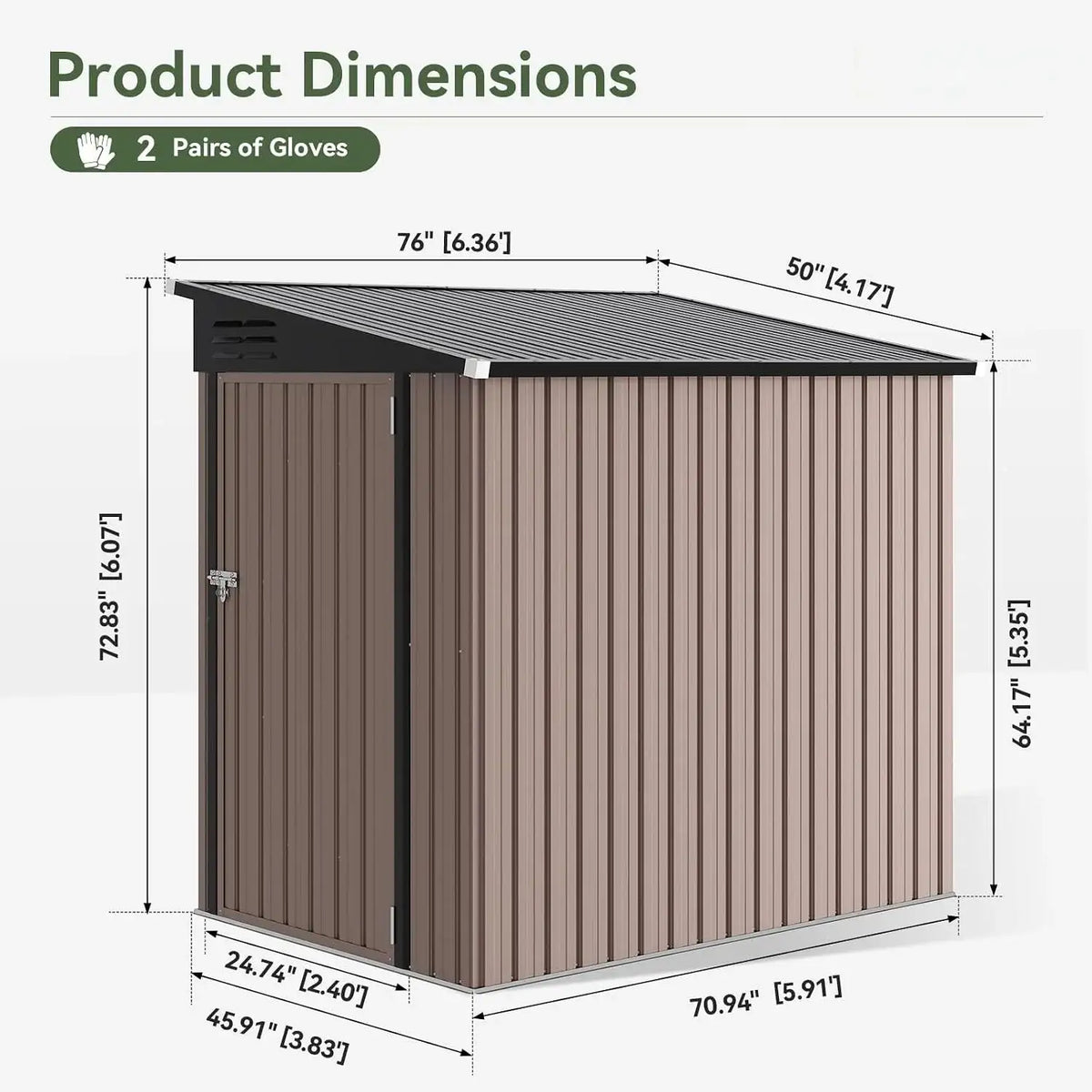 Nordivale 6x4FT Lean To Shed Garden Sloped Roof Metal Storage Shed Lockable Doors Single Door Outdoor Bike Shed Backyard Patio Poolside Brown