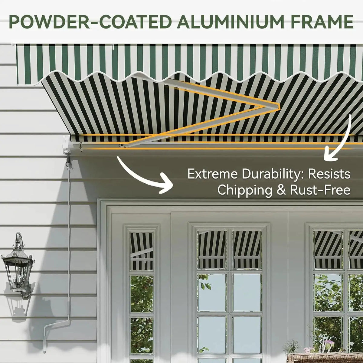 Nordivale 12x10FT Manual Retractable Awning Outdoor Patio Sun Shade Canopy Waterproof Polyester PA Coated Fabric with Crank Handle for Backyard Deck Window Green and White Striped