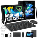 A7L 11 Inch Android15 Tablet PC Octa‑Core A523 24GB(4+20GB Virtual) 128GB ROM Widevine L1 Face ID Unlock 8200mAh Dual Speaker Tablet Complete Bundle With Keyboard Mouse Case Stylus Pen Headphones Charger`