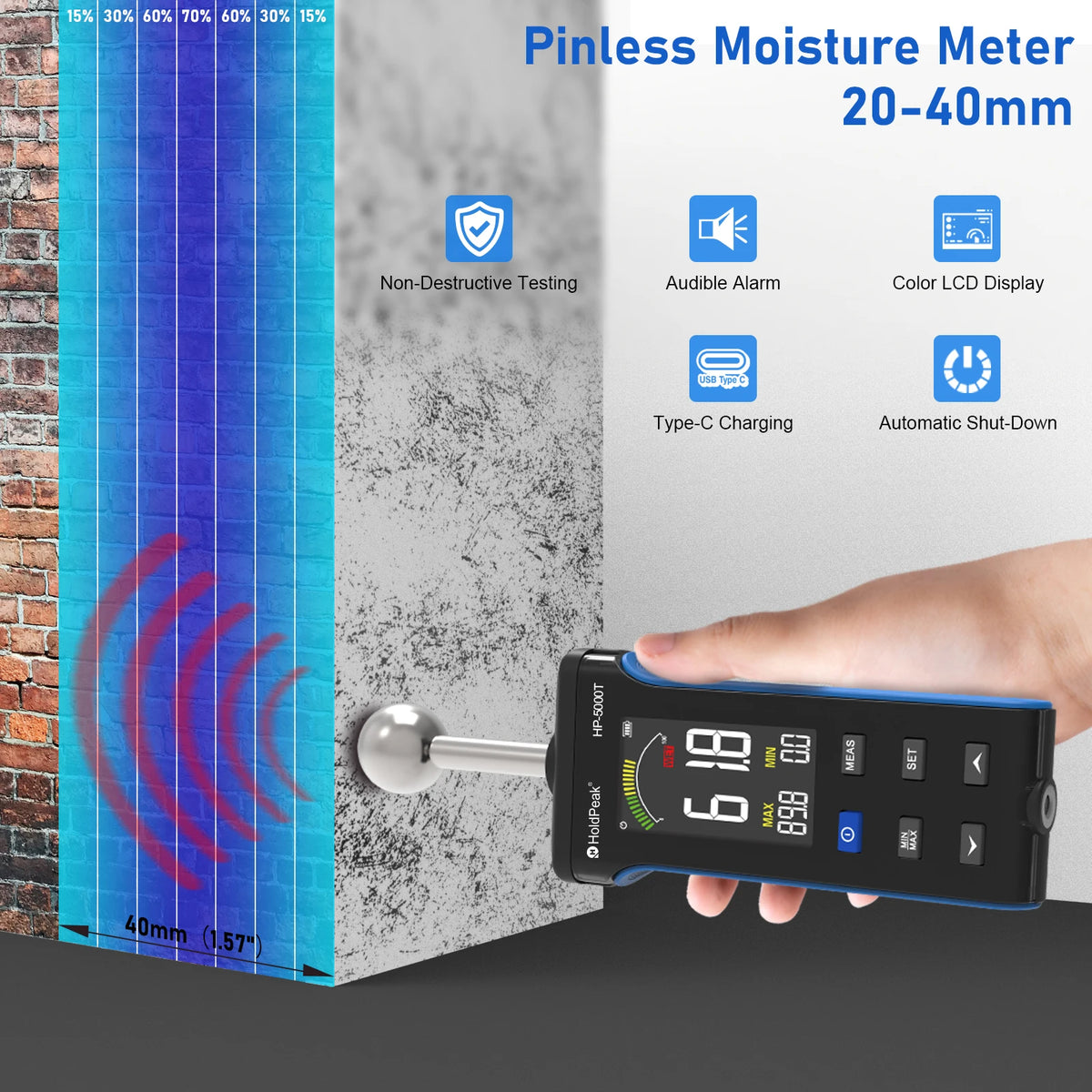 Non-Contact Wood Moisture Meter, Pinless Depth, HD Digital — product view 4