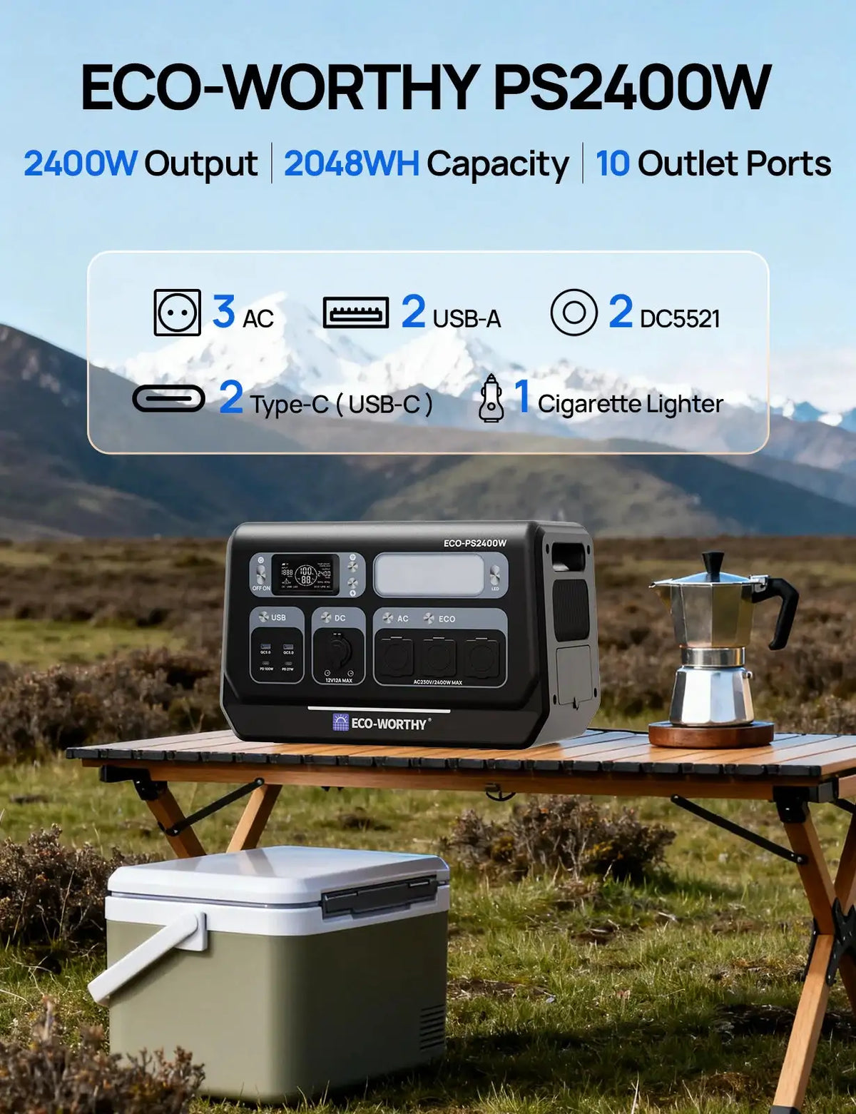 ECO-WORTHY PS 2400W Power Station 2048Wh LiFePO4 Battery For Camping, For RV, Garden, Off-grid, For Emergencies