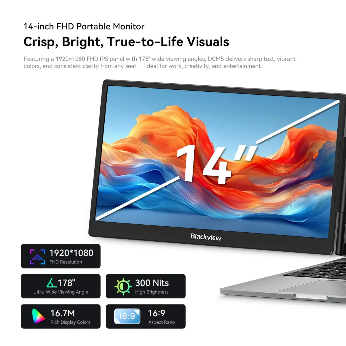 Blackview DCM5 Laptop Screen Extender, 14" 1080P FHD IPS Triple Portable Monitor, Ultra-Slim Travel Dual Monitor Fit for 13"-17.3" Laptops, USB-C Plug&Play Extended Screen for Windows/Mac/Android/Switch