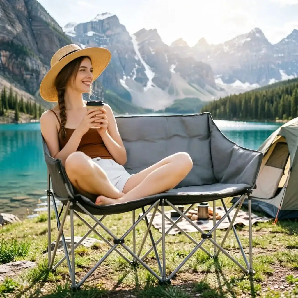 AOXUN Outdoor Double Folding Chair 220kg Heavy Duty Portable Camping Chair with Side Storage & 4cm Padded Seat, Quick Setup Beach Picnic Chair with Carry Bag
