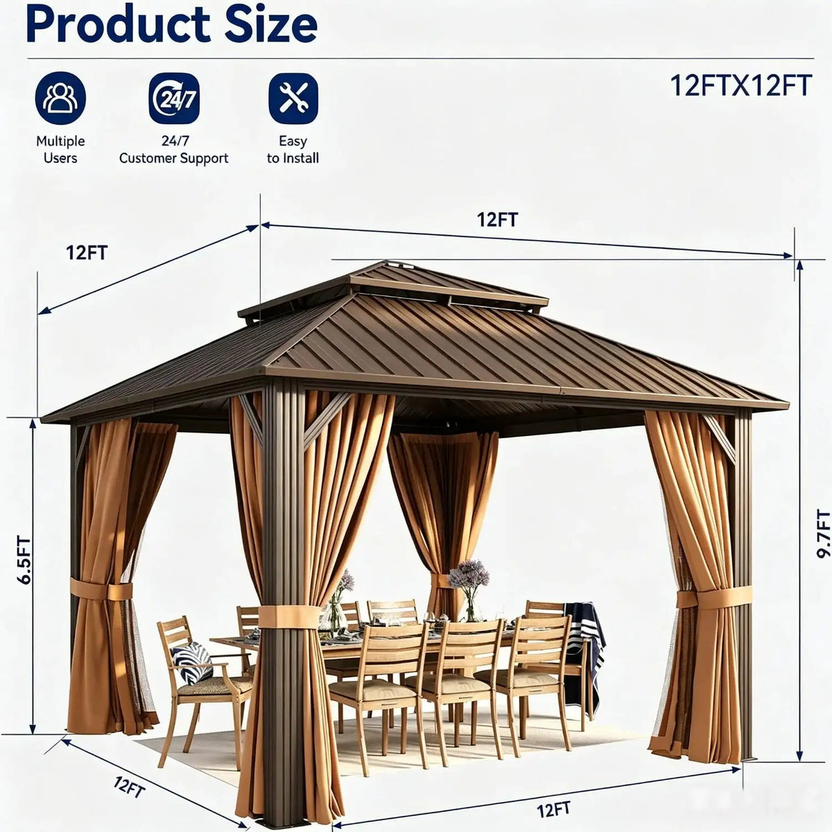 Nordivale 12x12FT Outdoor Gazebo Heavy Duty Canopy Pavilion Double Roof Patio Pergola with Netting Curtains for Backyard Garden Brown