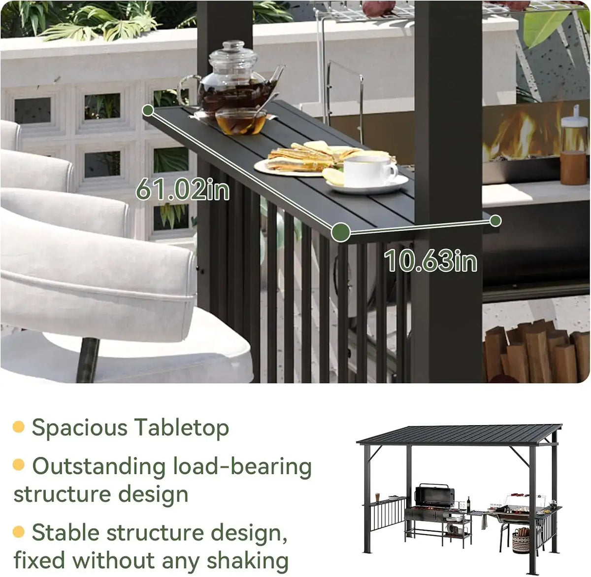 12x6ft Hardtop Grill Gazebo Sloping Steel Roof Black Outdoor BBQ Canopy With 2 Side Shelves And Hooks Permanent Metal For Patio Backyard Deck