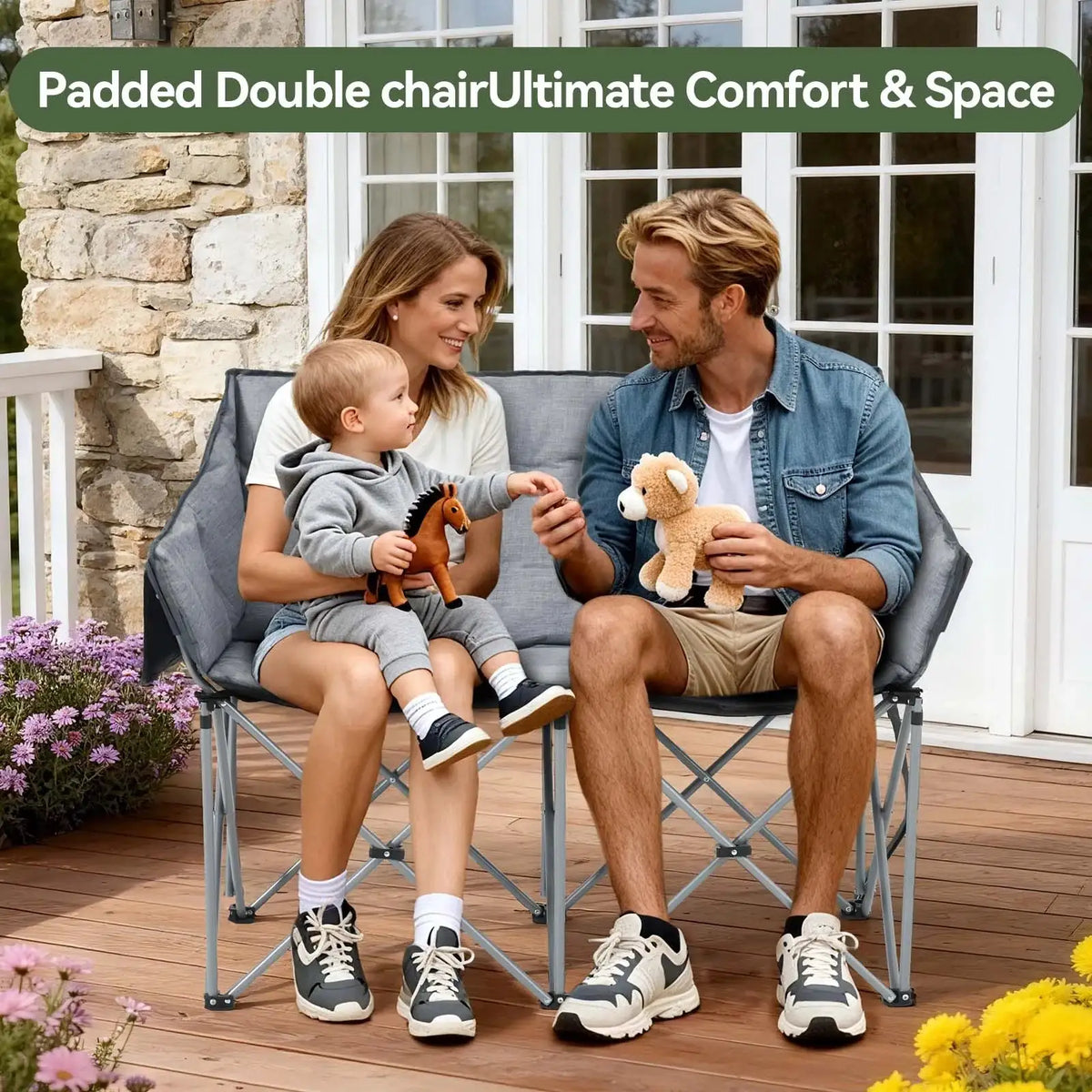 AOXUN Outdoor Double Folding Chair 220kg Heavy Duty Portable Camping Chair with Side Storage & 4cm Padded Seat, Quick Setup Beach Picnic Chair with Carry Bag
