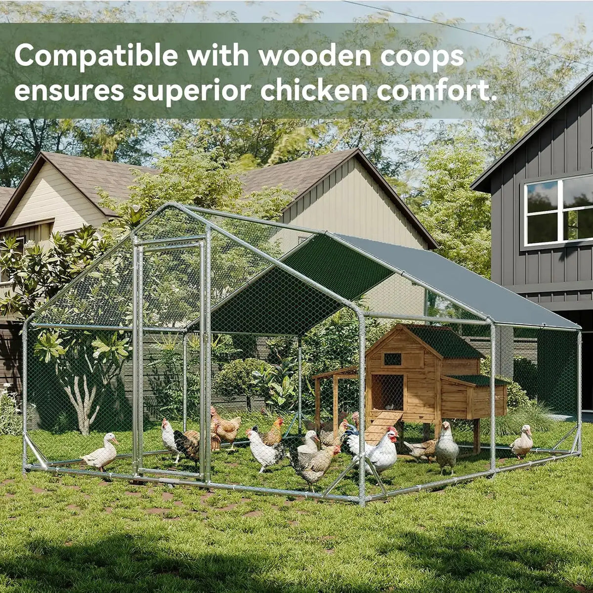 Nordivale10X13ft Metal Chicken Coop With Cover Outdoor Chicken Run Enclosure Spire Roof Hen House Walk In Cage Peak Poultry Coop For Yard Farm