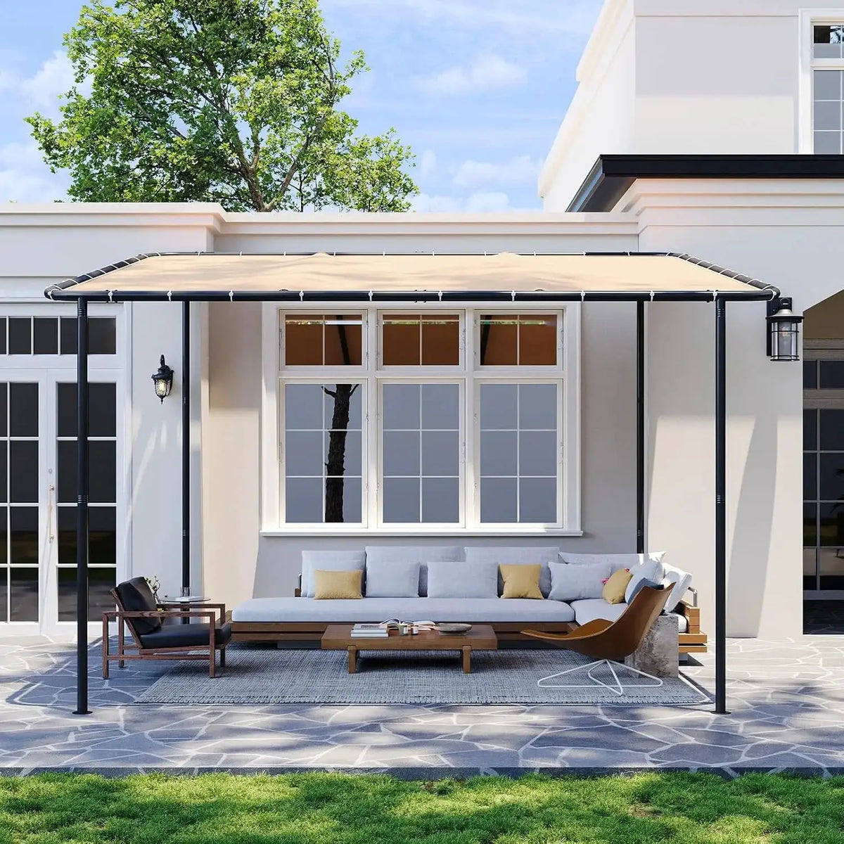 Aoxun 10x12 Lean to Gazebo Wall-Mounted Pergola, Sloped Roof Awning with Water & UV Resistant Canopy for Patio Backyard Deck Khaki