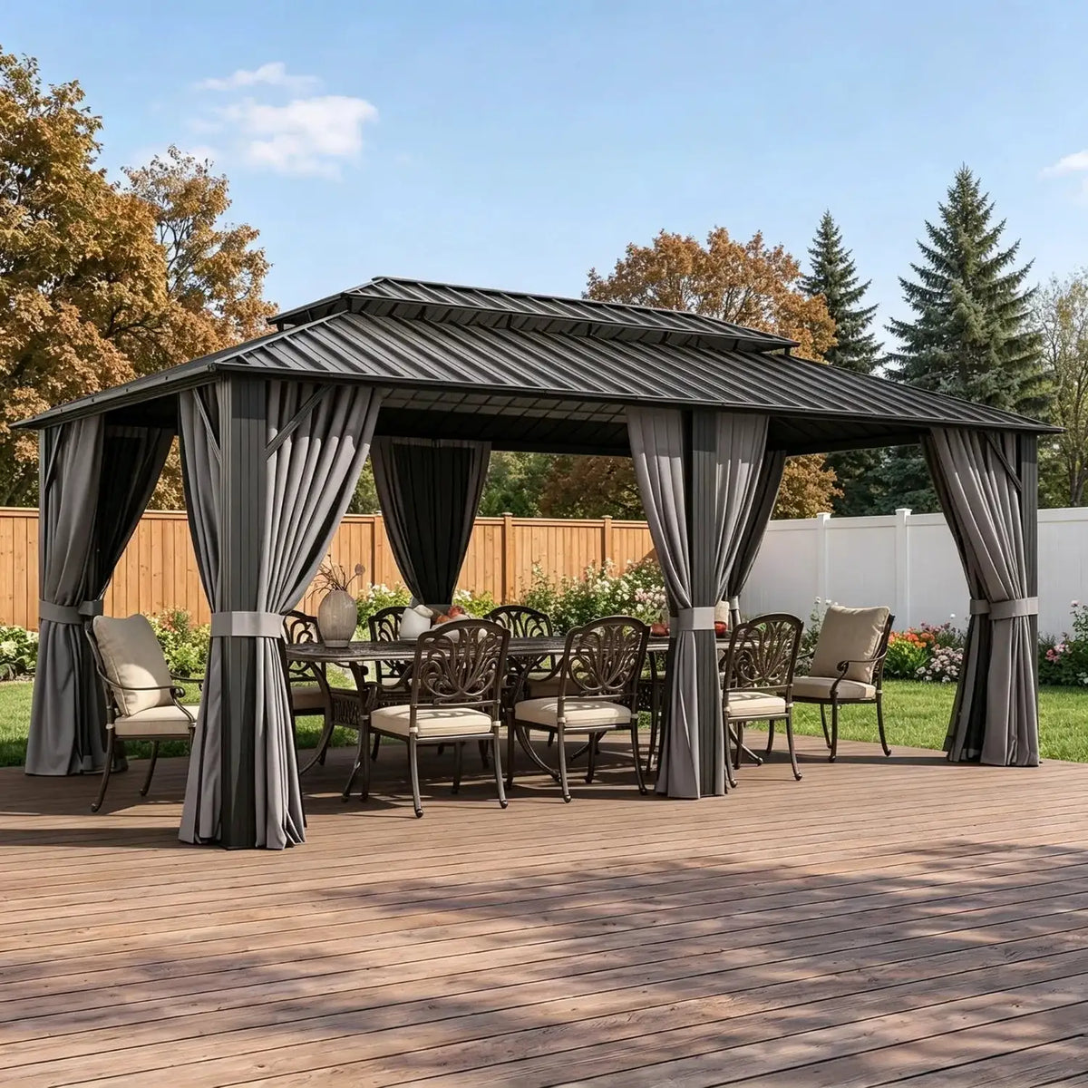 12x10ft 20x12ft Hardtop Gazebo Double Roof Metal Pergola Canopy Shelter with Mosquito Netting Curtains Patio Awning for Backyard Deck