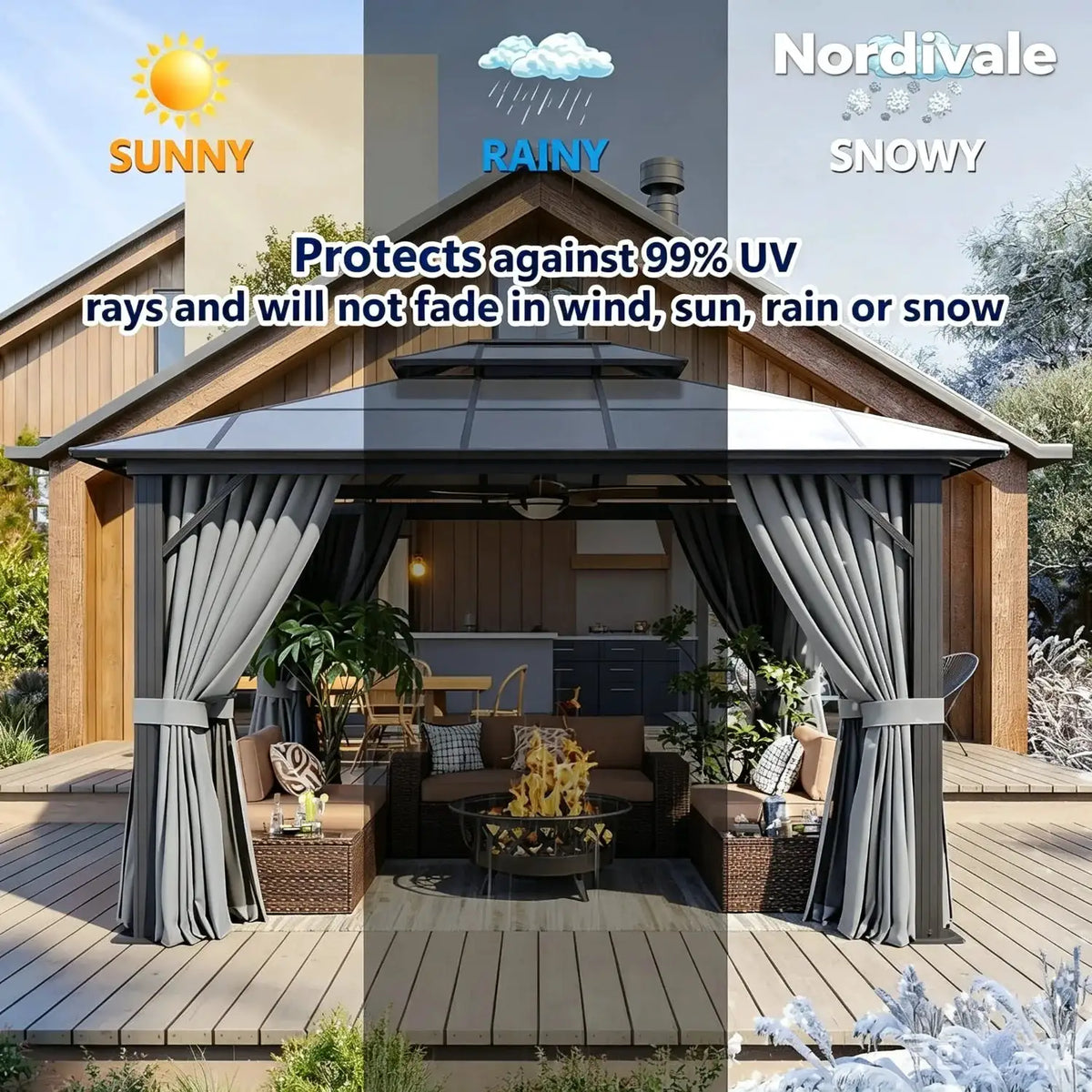 Nordivale 10x12FT Hardtop Gazebo Permanent Aluminum Frame Pavilion with Curtains and Netting Polycarbonate Double Roof Outdoor Canopy for Patio Garden Lawn