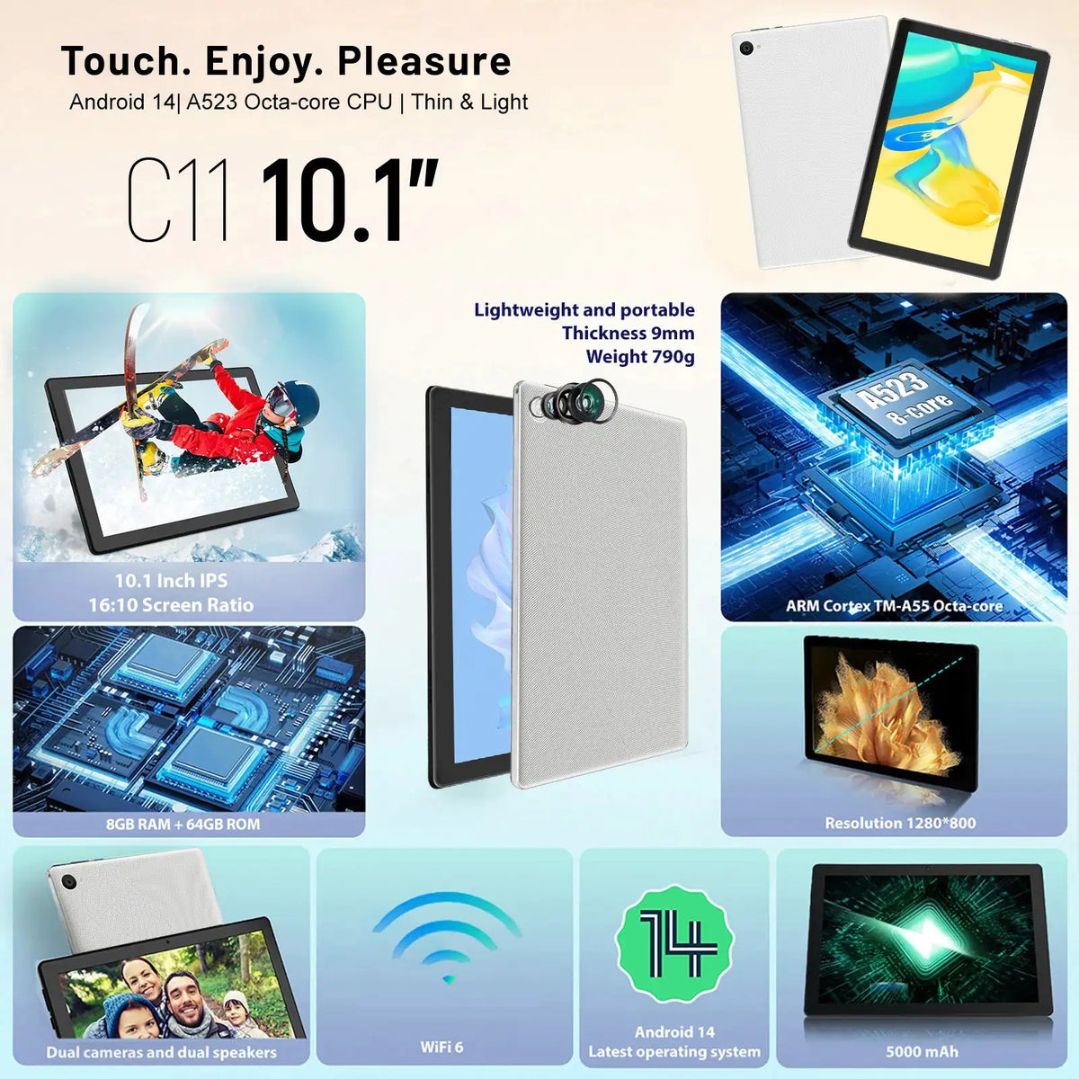 C11 10.1 Inch Tablet PC Octa‑Core A523 Android 14 8(3+5)GB RAM 64GB ROM Widevine L1 5000mAh Type‑C OTG Dual Camera US Local Warehouse Stock