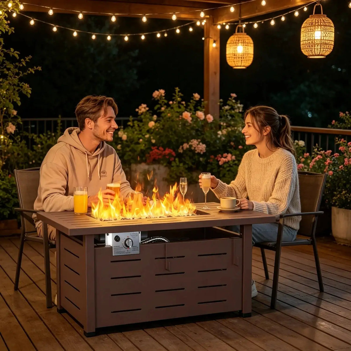 Outdoor Propane Fire Pit 50000 BTU Gas Fire Pit Table With Lava Rocks Patio Heater Rectangle Fire Table With Removable Lid And Waterproof Cover For Deck Backyard Garden Black