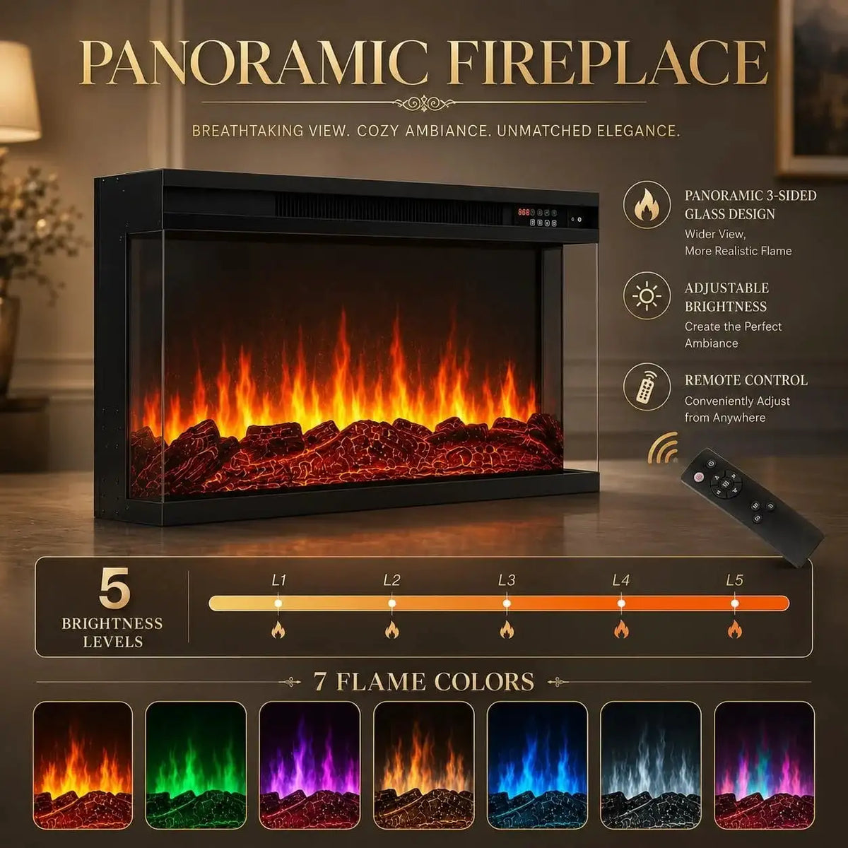 Aoxun 80" 3-Sided Glass Fireplace TV Stand, Modern Farmhouse Entertainment Center with Storage Cabinets, Large Media Console for Living Room Fits 90" TVs Black
