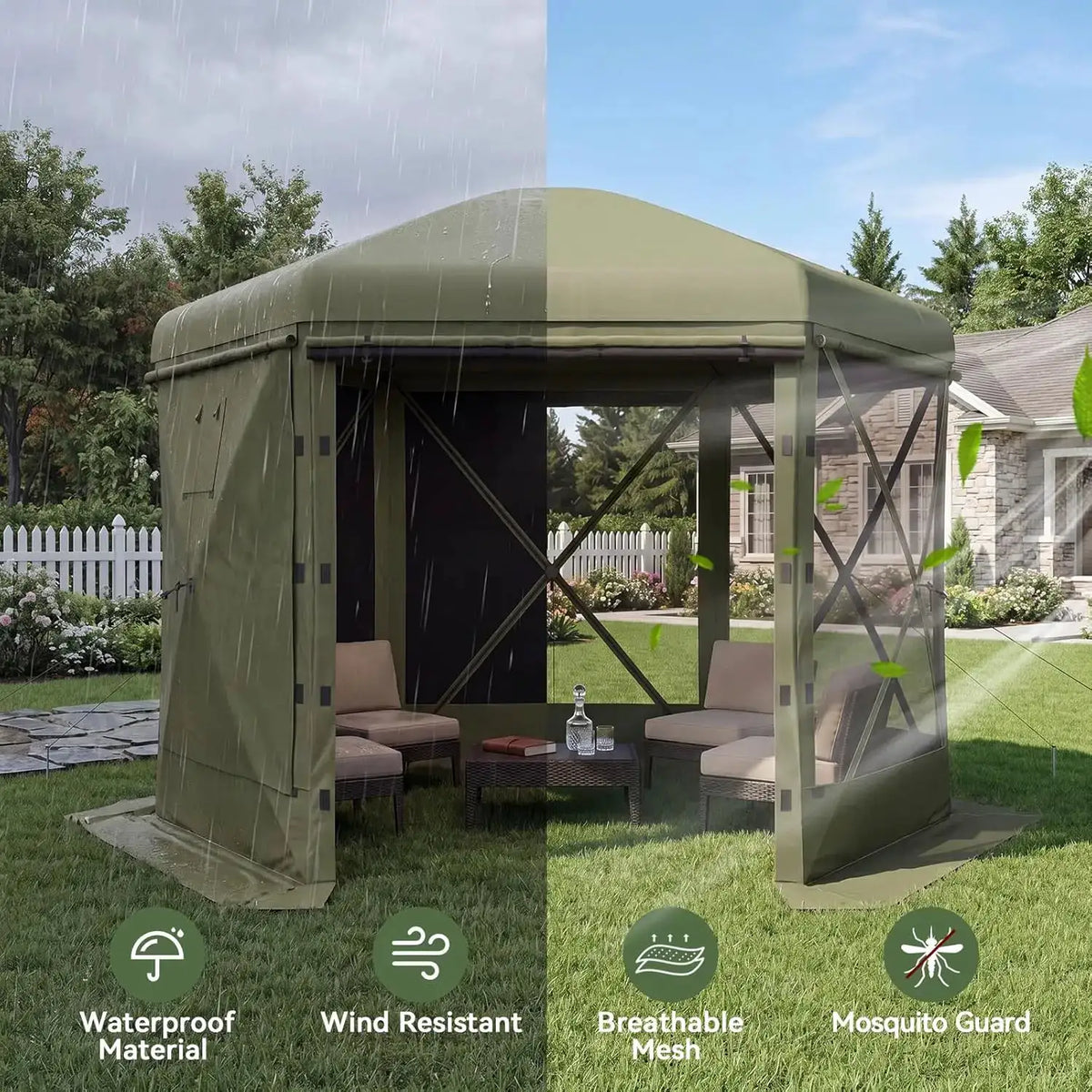 Aoxun 12x12FT Pop Up Tent Removable Top 6 Screen Pavilion Mesh Windows Windcloth Portable Outdoor Awning Instant Setup Brown For Camping Backyard Lawns