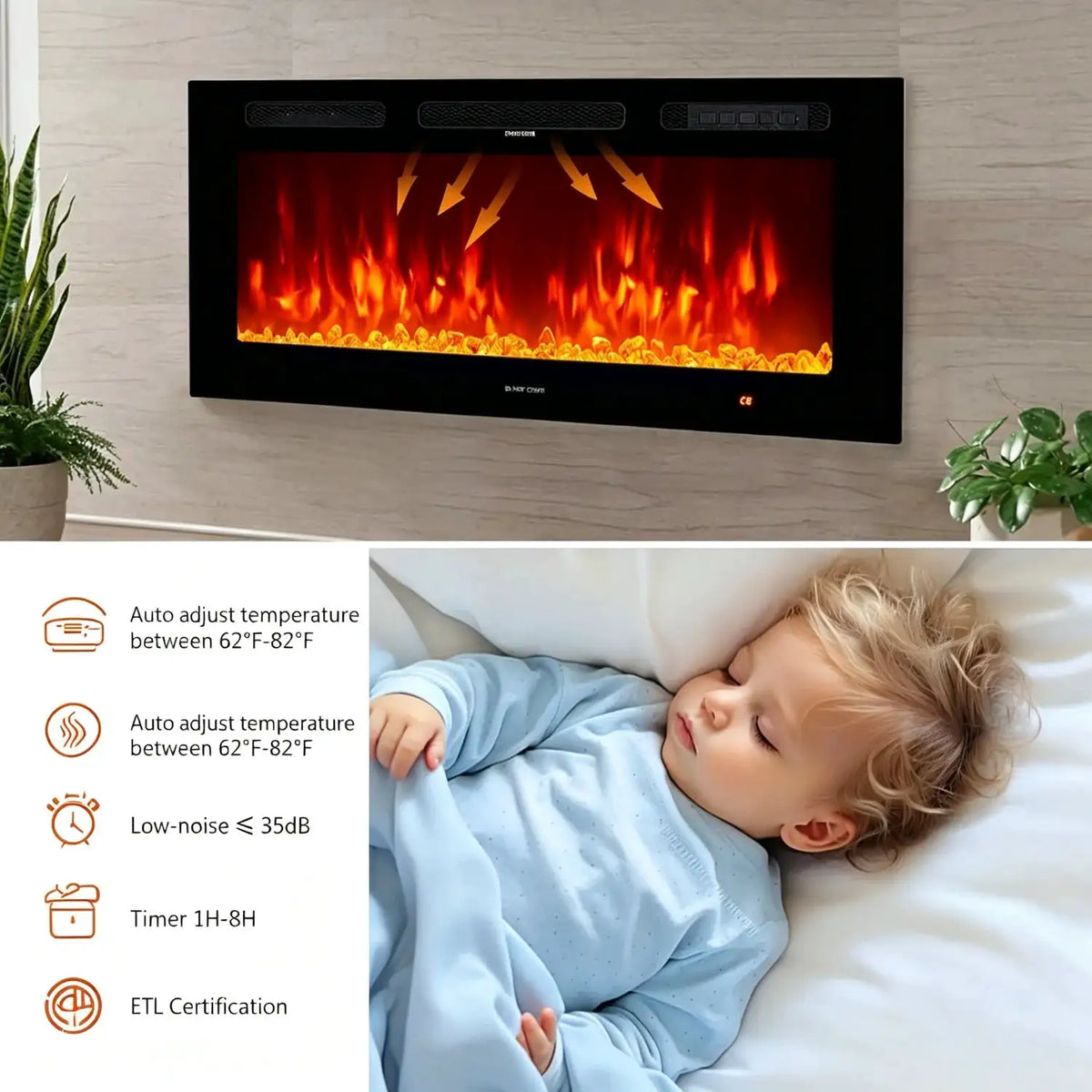 Electric Fireplace 36 Inch Wall Mounted Recessed, 12 Color LED Flame Heater with Remote Control Timer, 750/1500W Touch Screen Crystal Stone