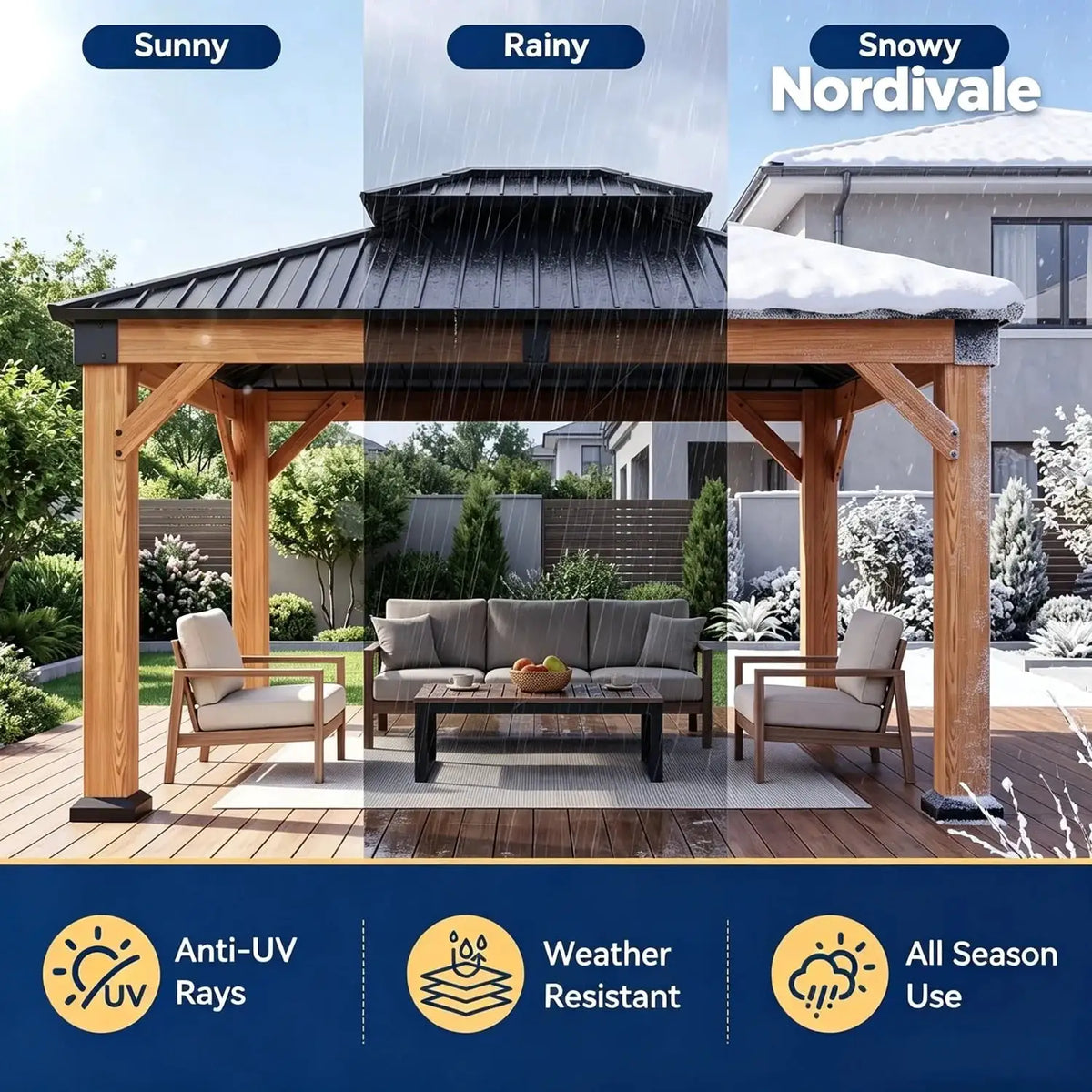 Nordivale 10x12Ft Hardtop Fragrant Fir Wood Gazebo Double Roof Galvanized Steel Outdoor Patio Deck Pavilion Permanent Structure