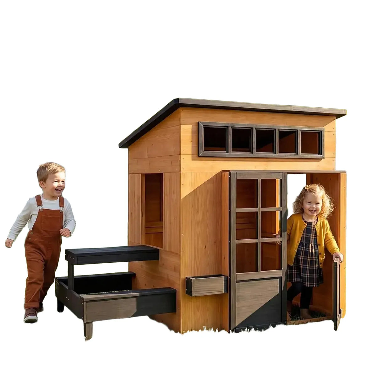 Nordivale Outdoor Playhouse Modern Fir Wood Kids Backyard Garden House with Play Kitchen Table Chalkboard Half Door Windows Flower Box Indoor Imaginative Pretend Play Toys for Boys Girls Ages 3-8
