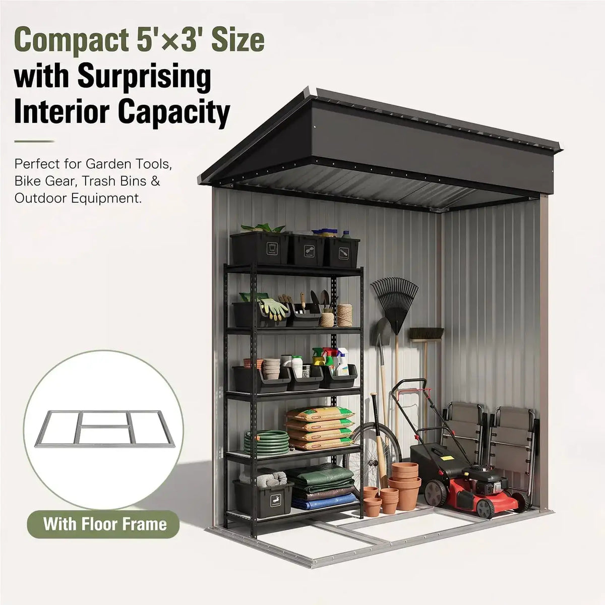 Nordivale 5x3FT Metal Outdoor Storage Shed with Sloping Roof and Base Lockable Tool Shed for Backyard Garden Patio Lawn