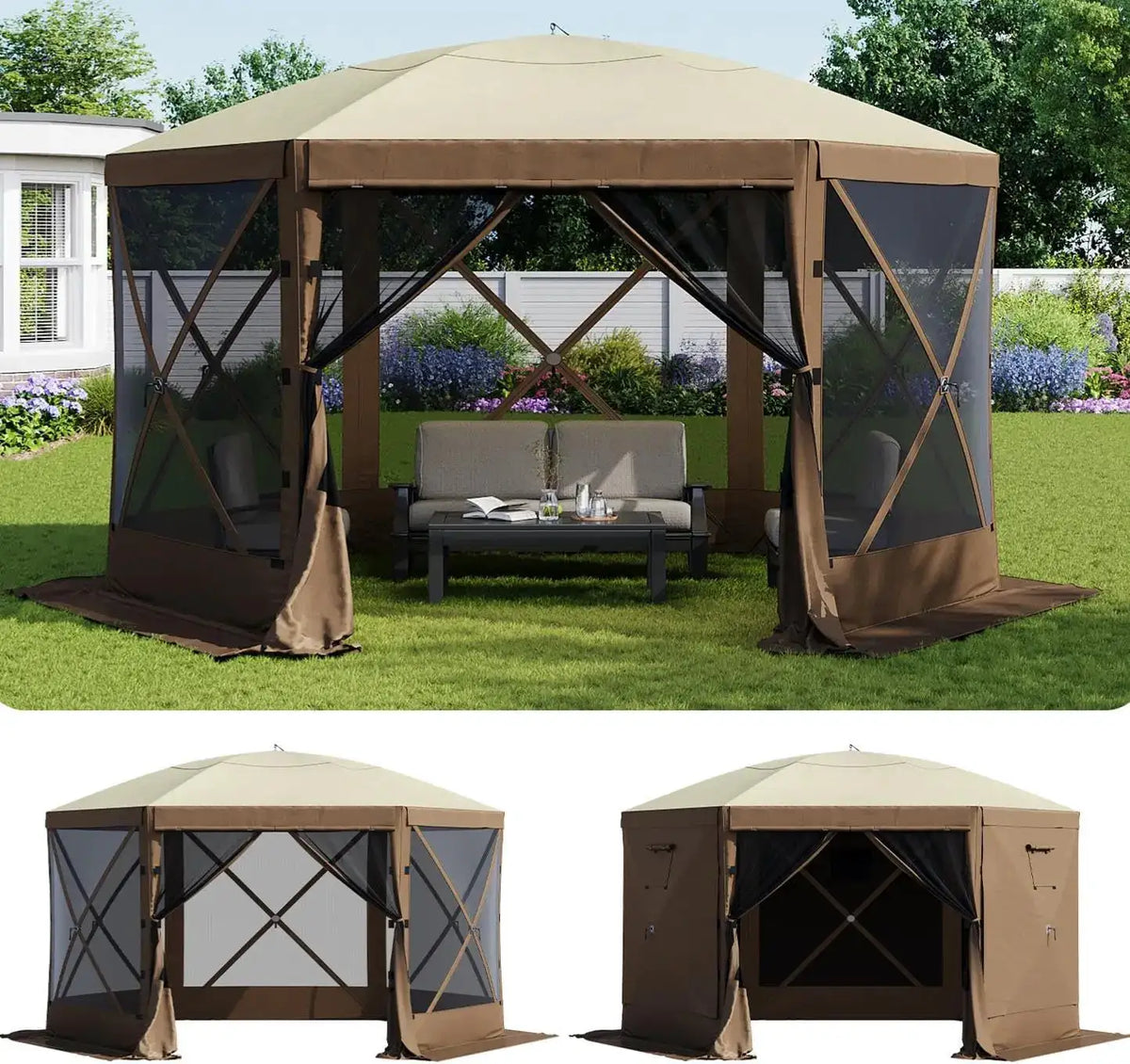 Aoxun 12x12ft Pop Up Canopy Tent 6 Sided Screen Tent With Mesh Windows And Carrying Bag Large Sunshade For Camping Backyard Courtyard Lawn Brown