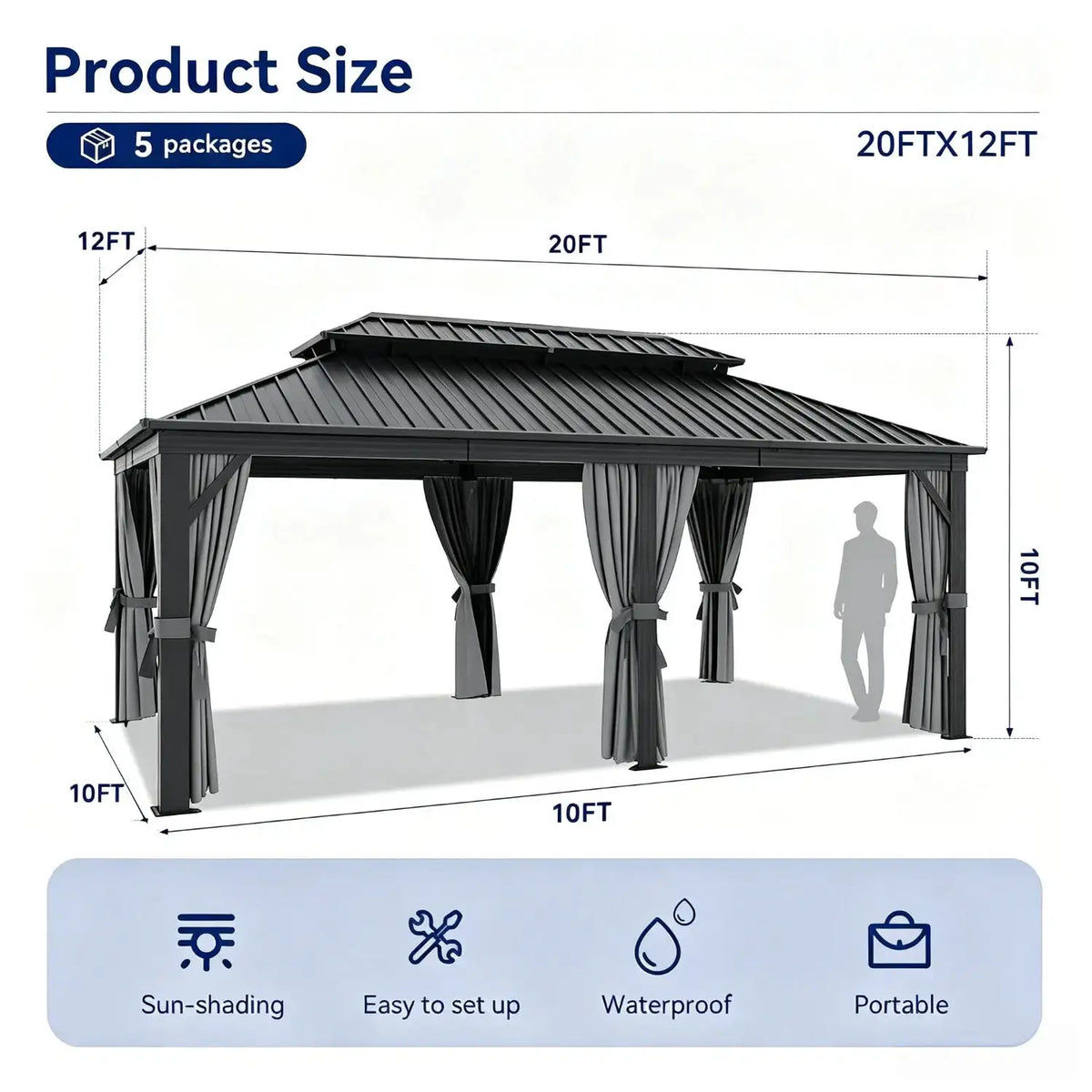 12x10ft 20x12ft Hardtop Gazebo Double Roof Metal Pergola Canopy Shelter with Mosquito Netting Curtains Patio Awning for Backyard Deck