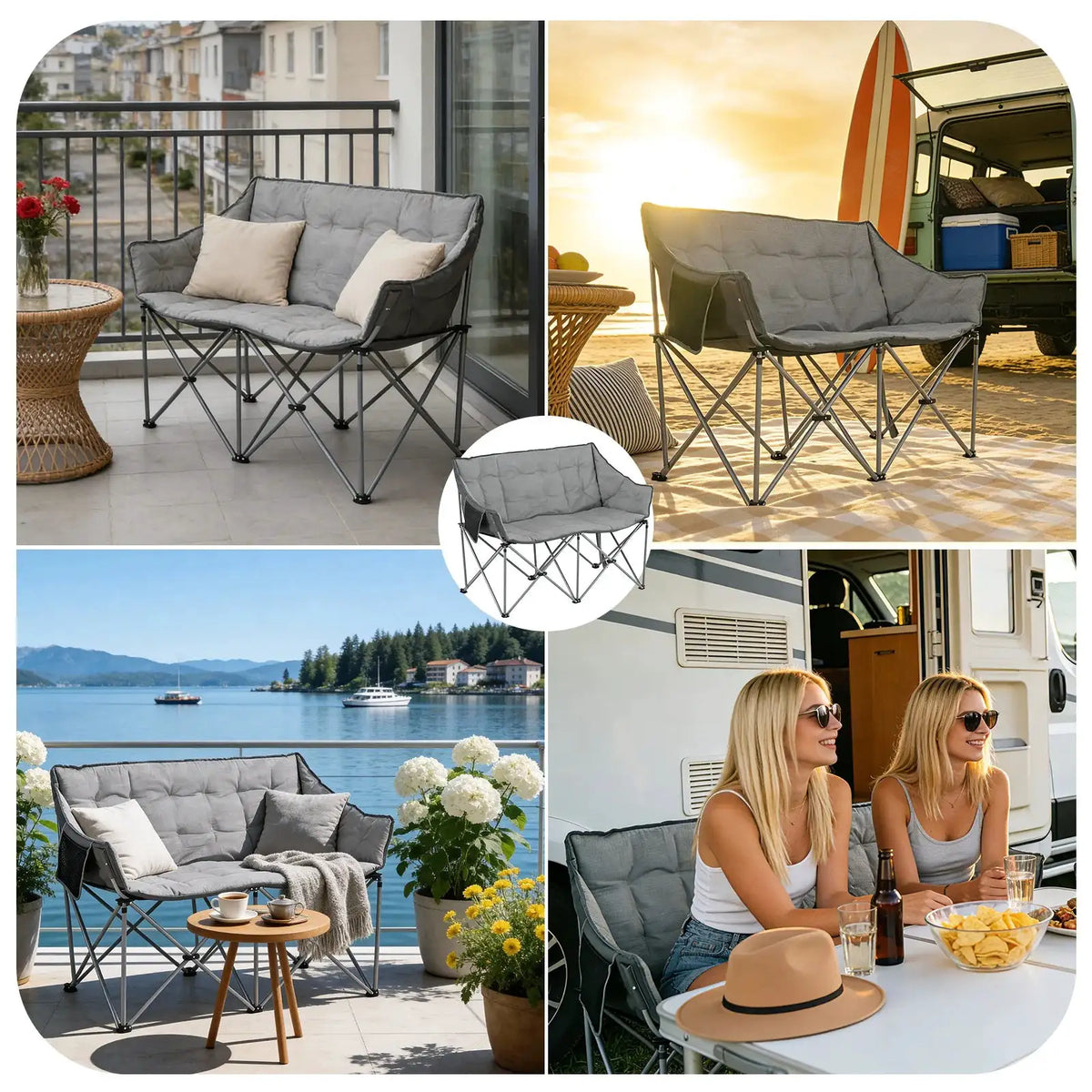 AOXUN Outdoor Double Folding Chair 220kg Heavy Duty Portable Camping Chair with Side Storage & 4cm Padded Seat, Quick Setup Beach Picnic Chair with Carry Bag