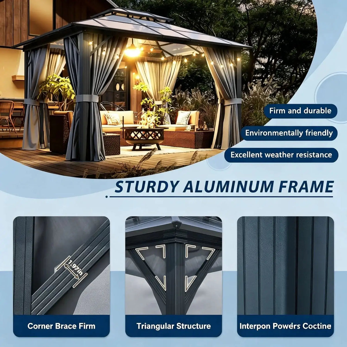 Nordivale 10x12FT Hardtop Gazebo Permanent Aluminum Frame Pavilion with Curtains and Netting Polycarbonate Double Roof Outdoor Canopy for Patio Garden Lawn