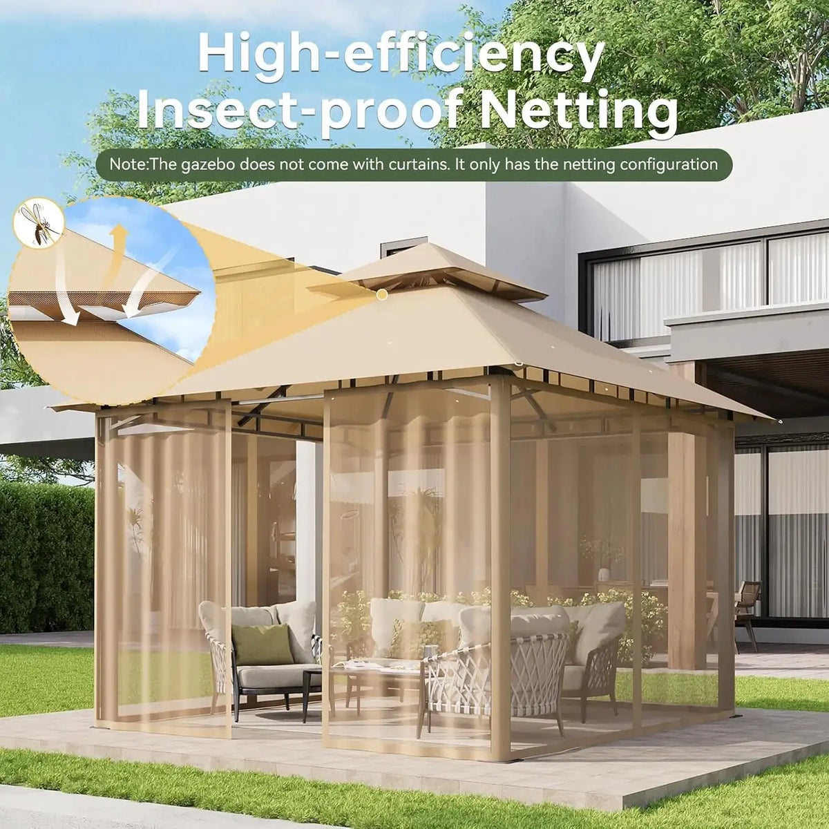 Aoxun 10x10FT Gazebo with Mosquito Netting Double Roof Outdoor Party Tent with Zipper Screens for Backyard Garden
