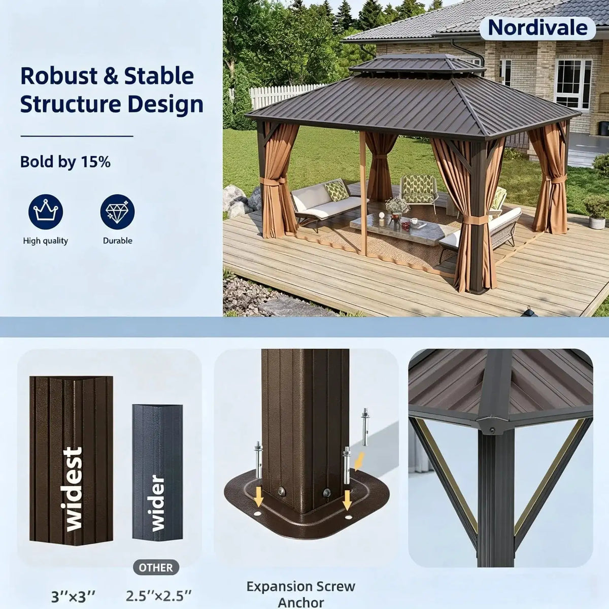 Nordivale 12x16FT Hardtop Gazebo Metal Pavilion Double Galvanized Steel Roof with Netting Curtains for Lawn Garden Patio Brown