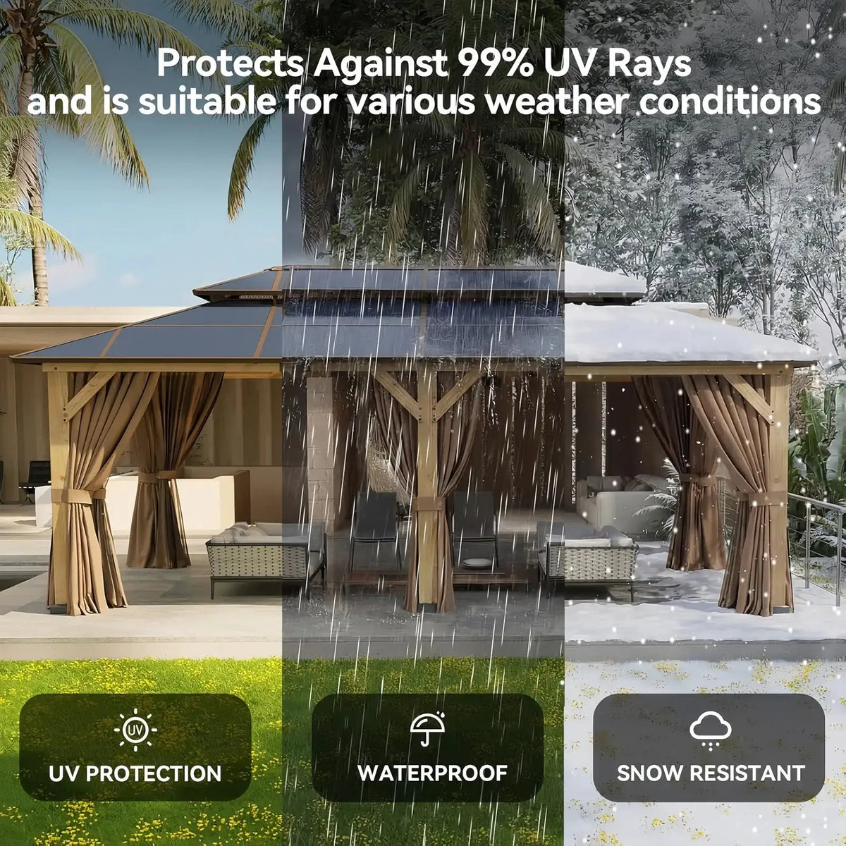 Aoxun 12x20FT Cedar Wood Gazebo Double Polycarbonate Roof Hardtop Pavilion with Privacy Curtain and Netting for Patio Garden Backyard